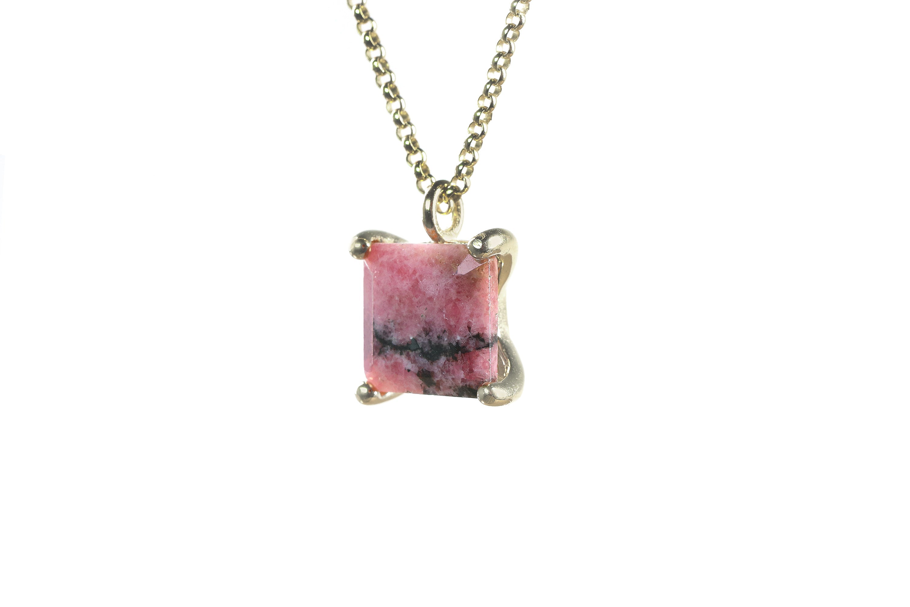 Square Rhodonite Pendant Necklace in Gold necklaces Anemone Unique
