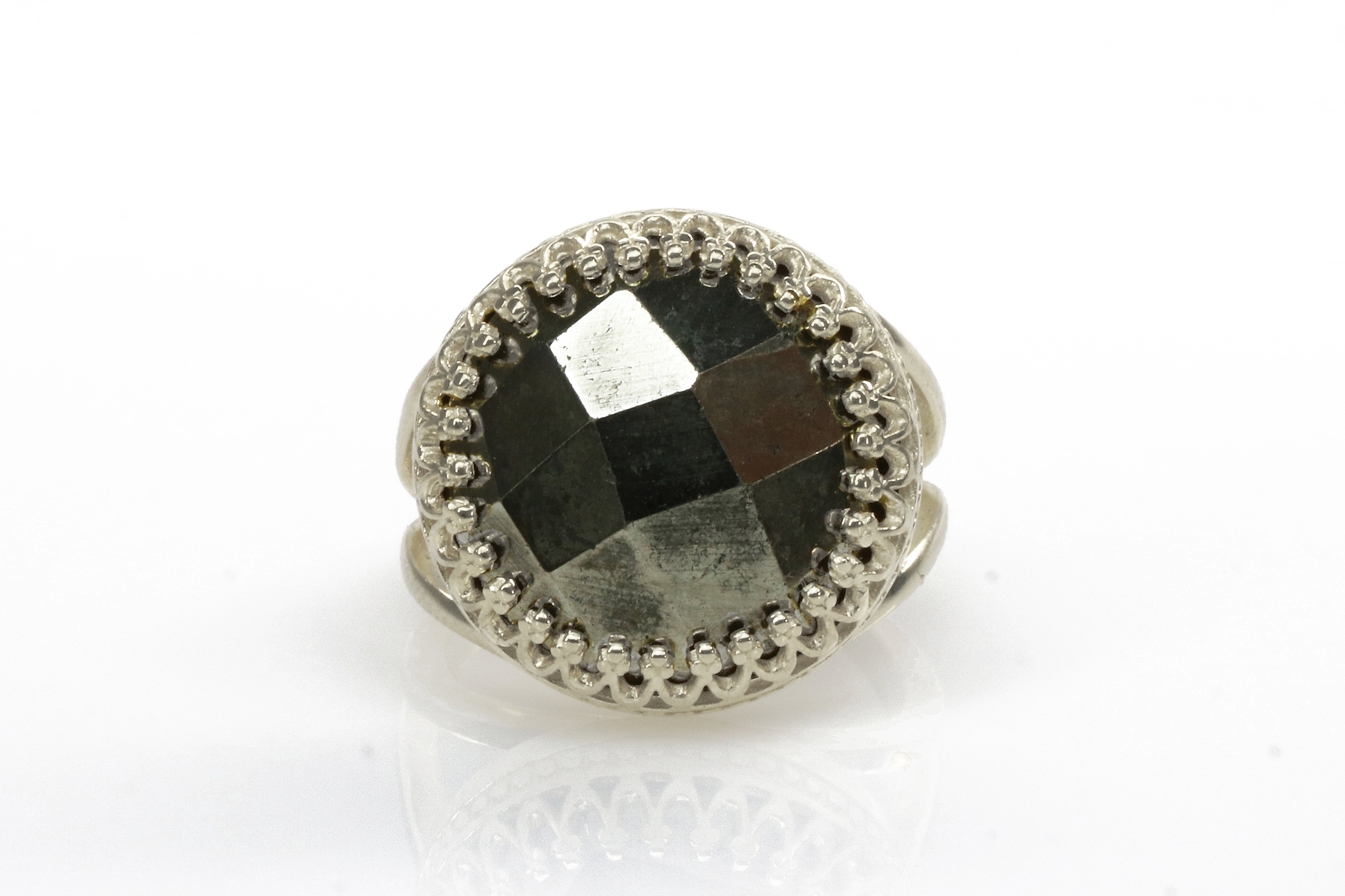 Large Pyrite Ring in Silver Prong Setting Rings Anemone Jewelry