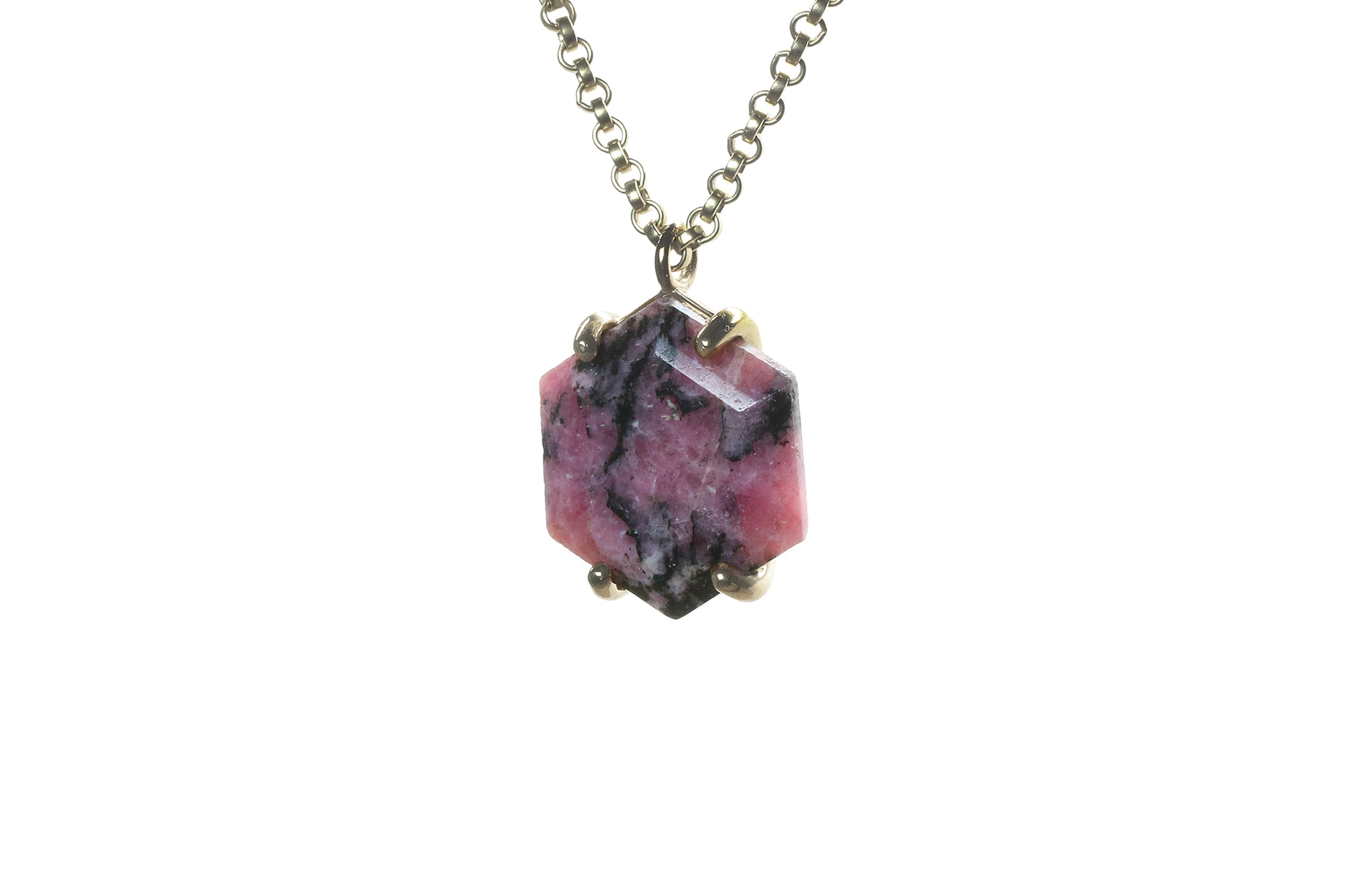 Large Hexagon Rhodonite Necklace in Gold necklaces Anemone Jewelry