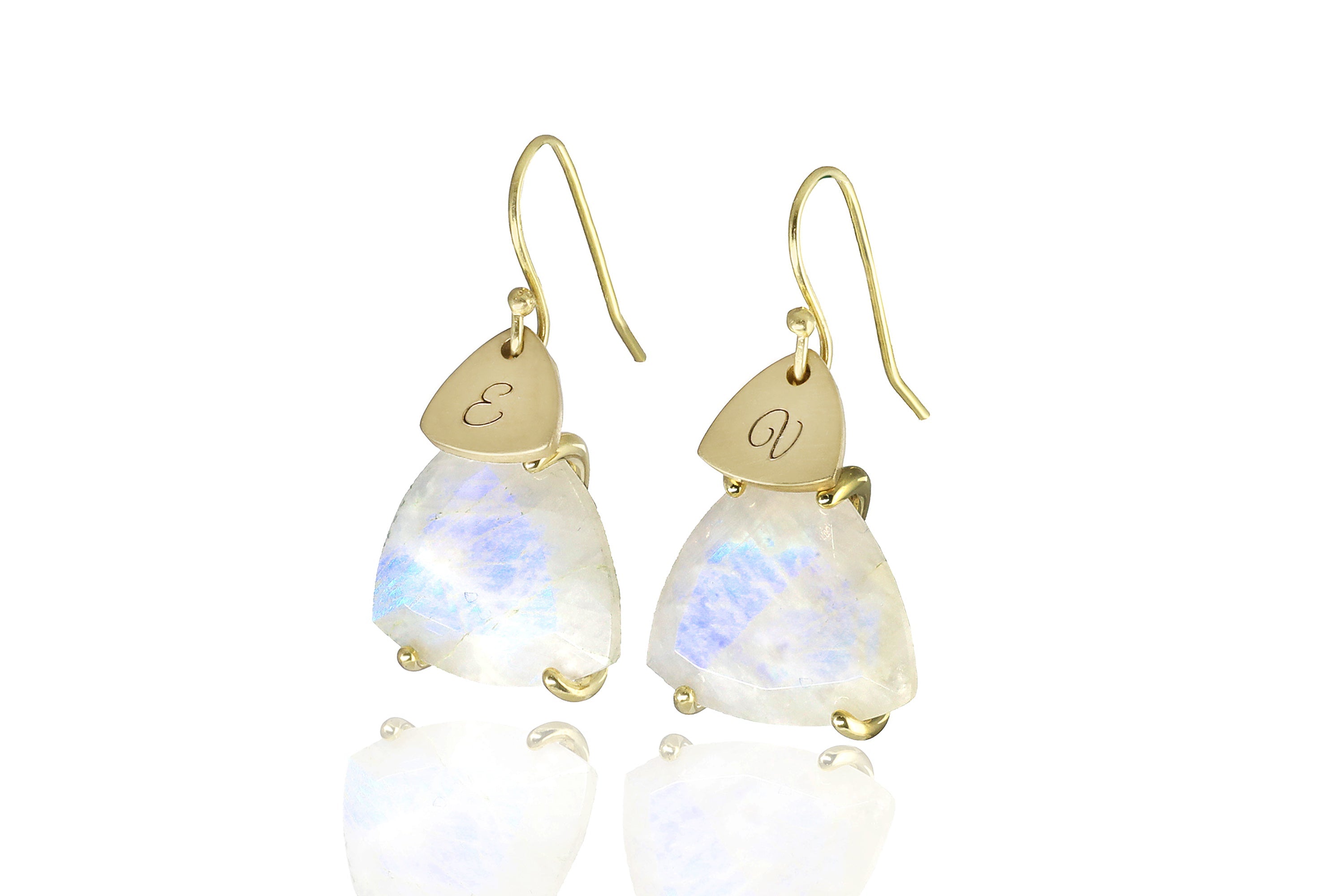 Rainbow Moonstone Coin Engraved Gold Dangle Statement Earrings Earrings Anemone Jewelry