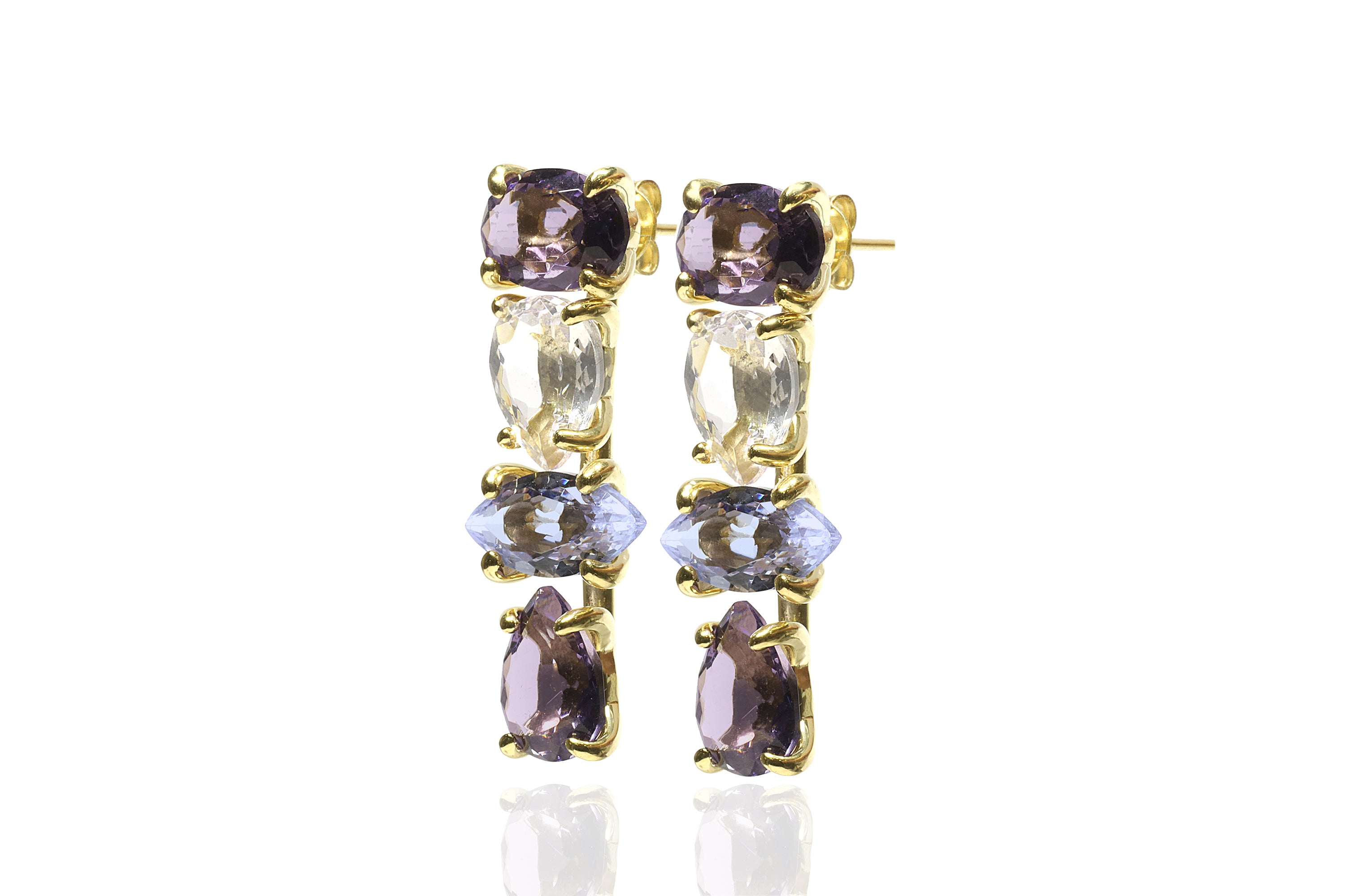 Multistone Gold Earrings with Amethyst, Crystal Quartz, Tanzanite Earrings Anemone Unique