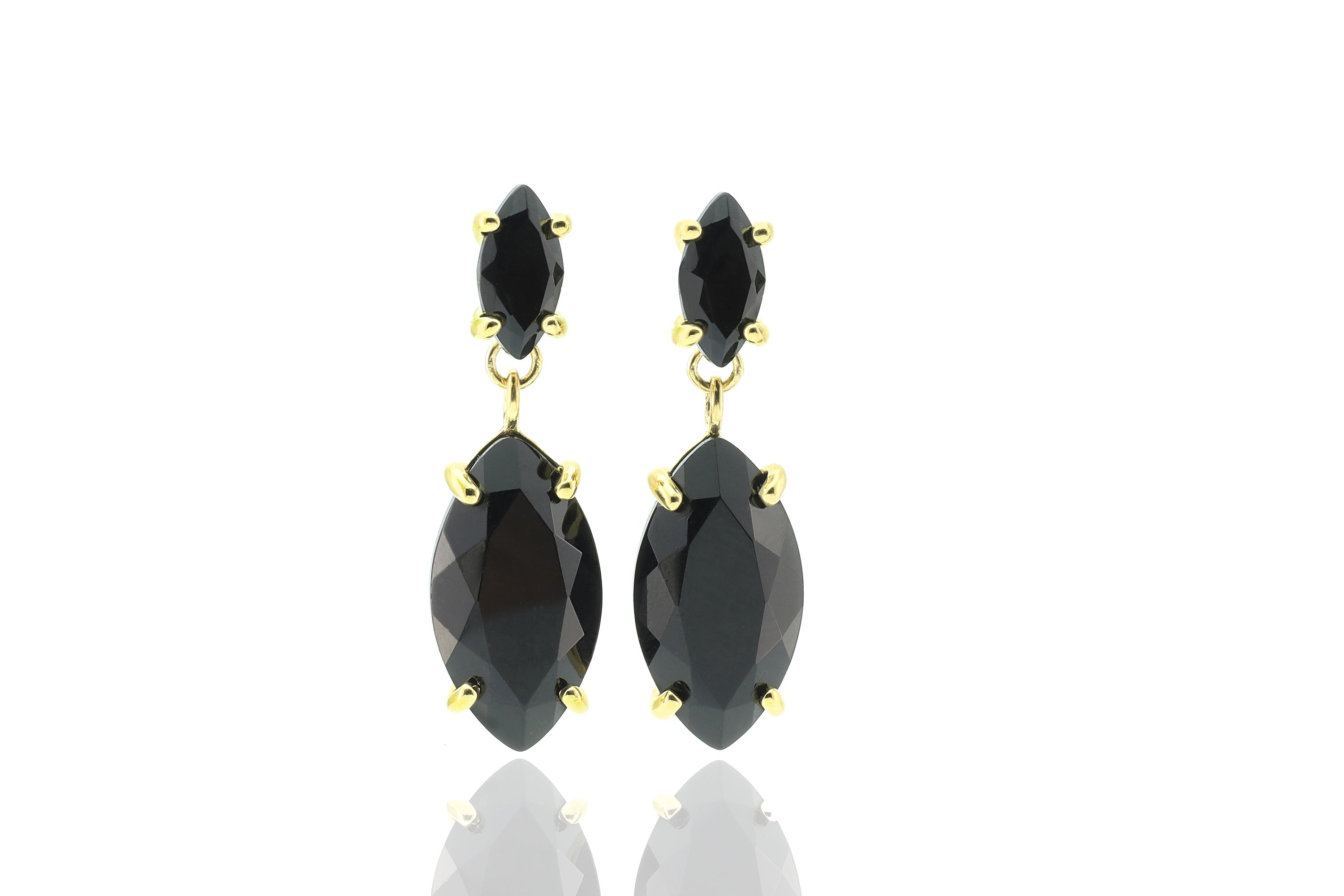 Black Onyx Double Stone Marquise Cut Gold Dangle Earrings Earrings Anemone Jewelry