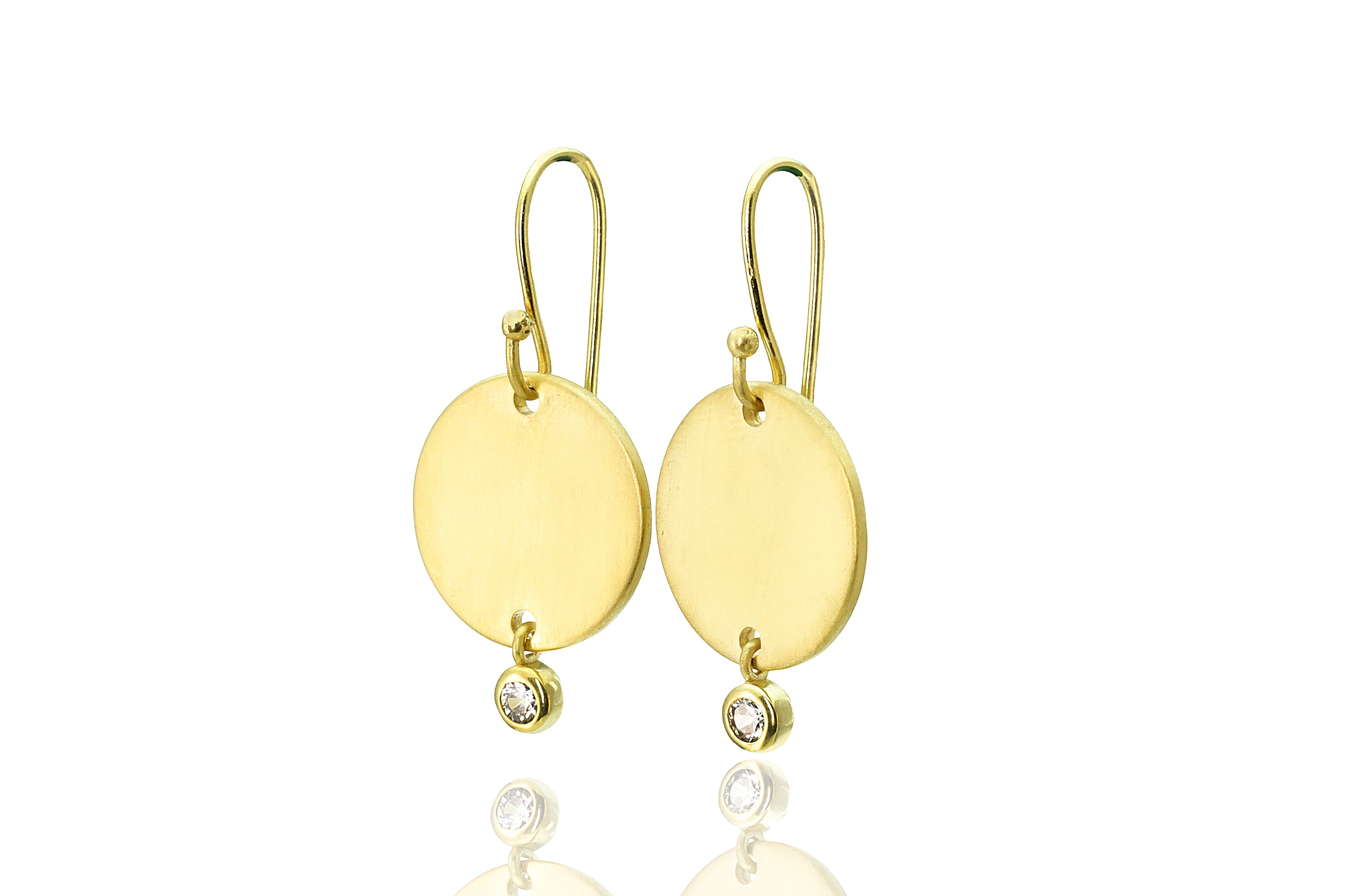 14k Matte Gold Round Coin Earrings With a Dainty CZ Earrings Anemone Jewelry