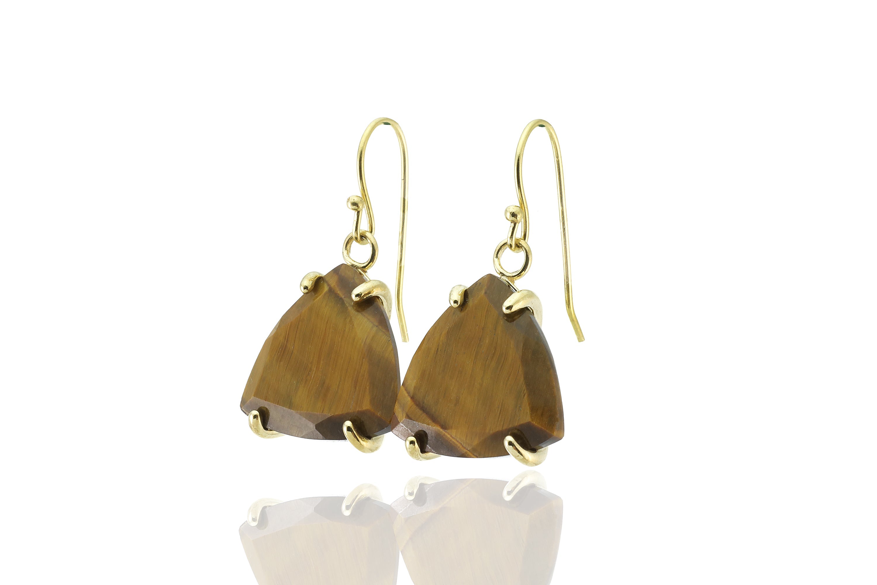 14k Gold Trillion Cut Tiger Eye Dangle Earrings Earrings Anemone Jewelry