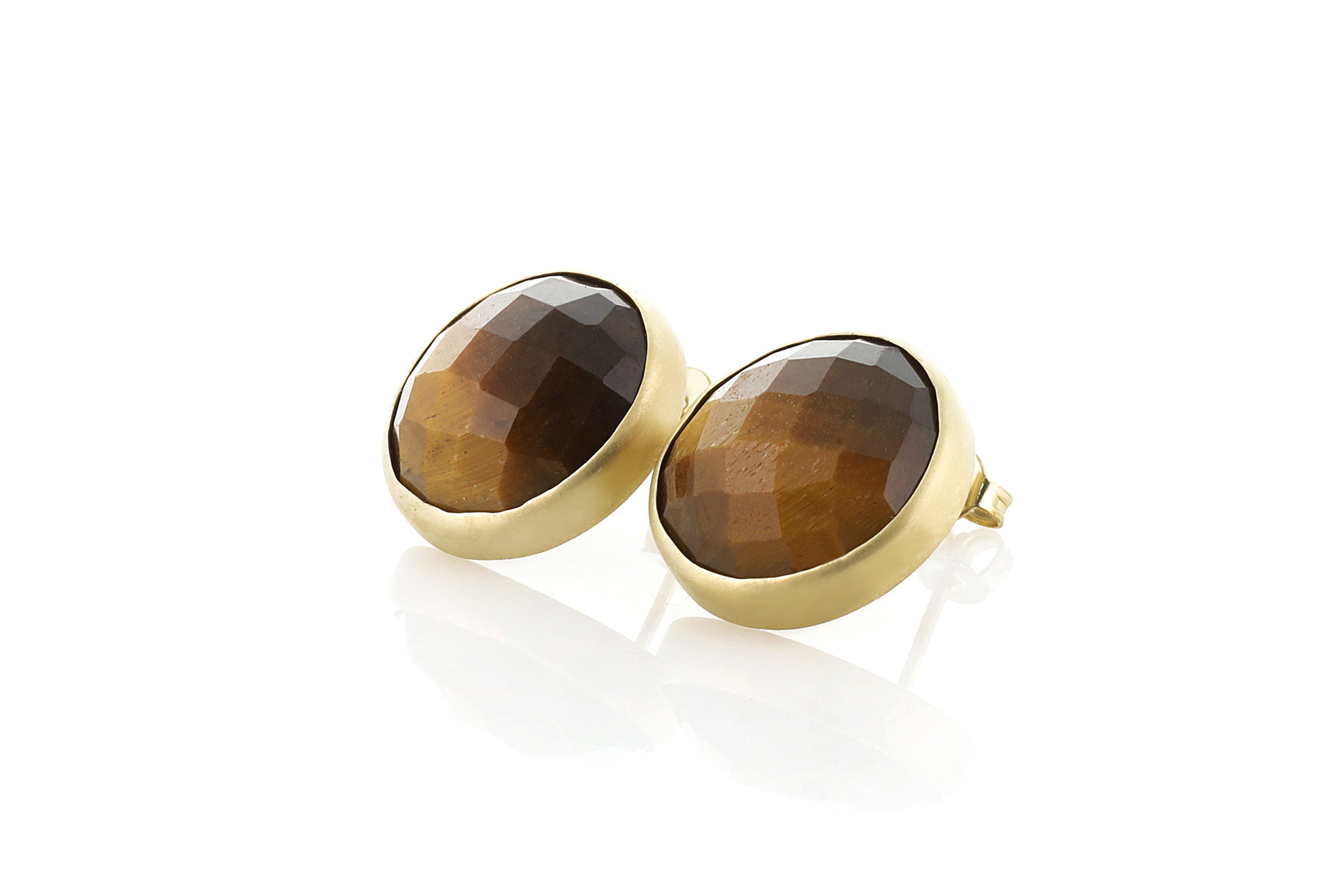 Tiger Eye Gemstone Earrings in Bezel Gold Setting Earrings Anemone Limited