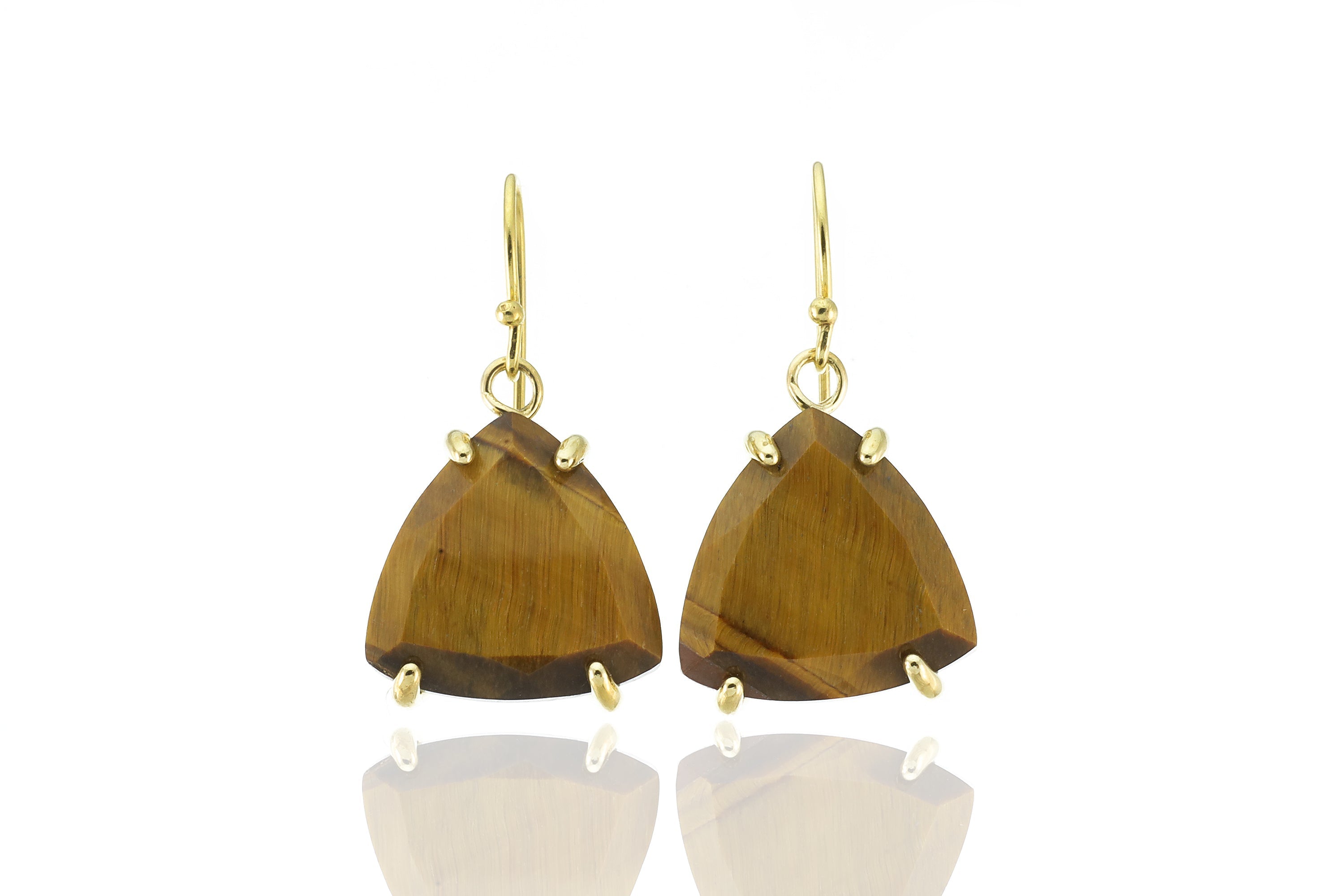 14k Gold Trillion Cut Tiger Eye Dangle Earrings Earrings Anemone Jewelry