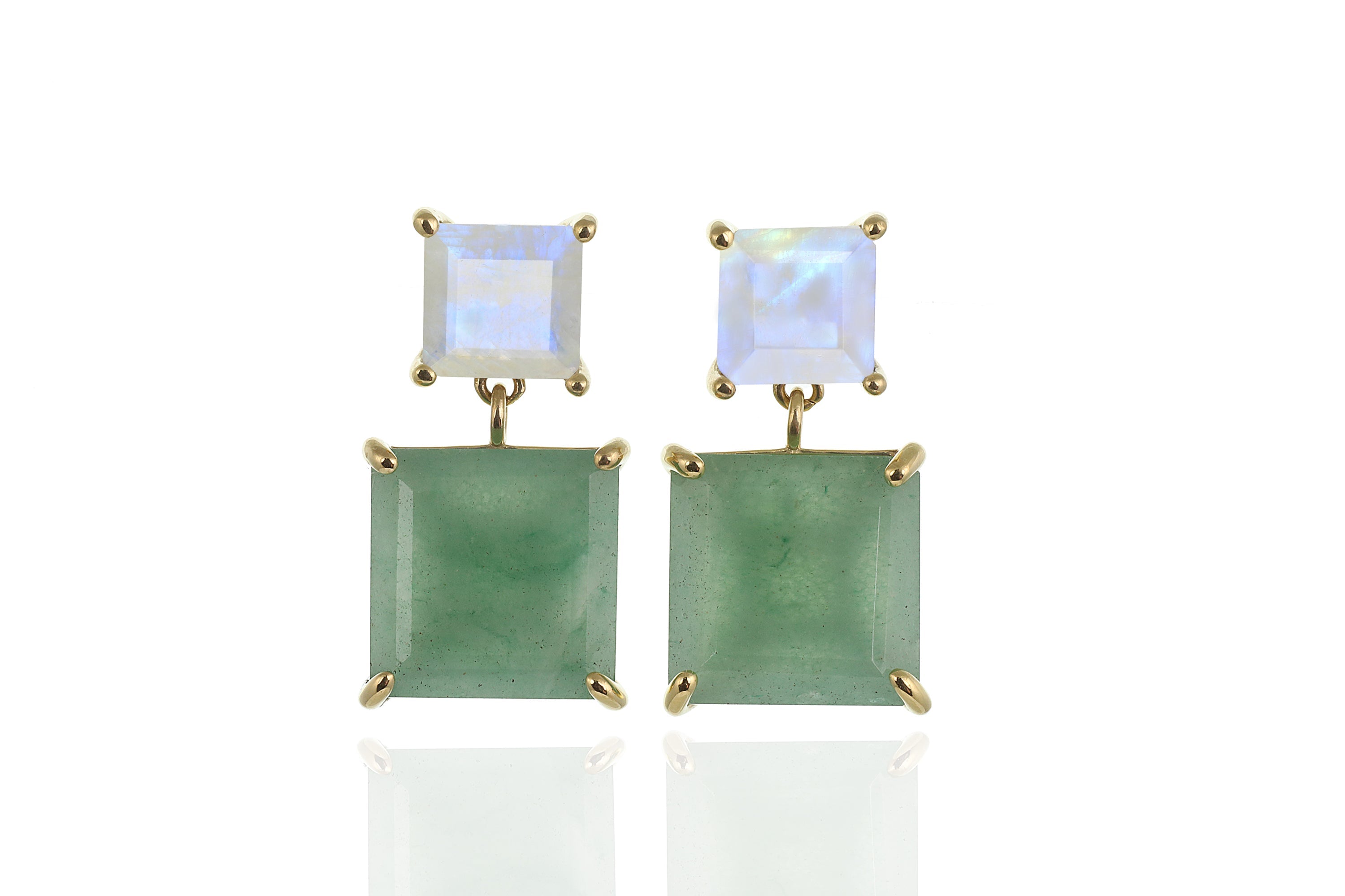 Square Rainbow Moonstone & Green Aventurine Gold Earrings Earrings Anemone Jewelry