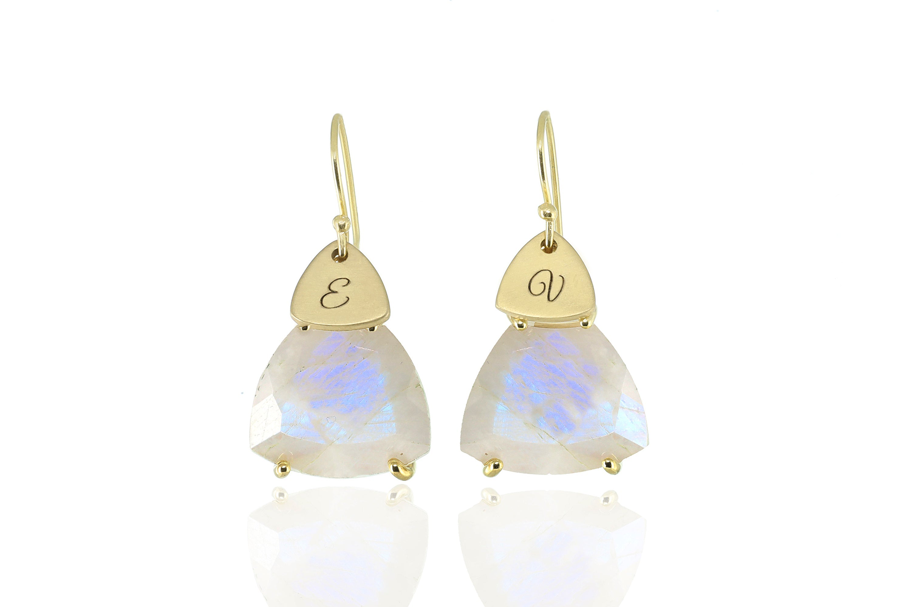 Rainbow Moonstone Coin Engraved Gold Dangle Statement Earrings Earrings Anemone Jewelry