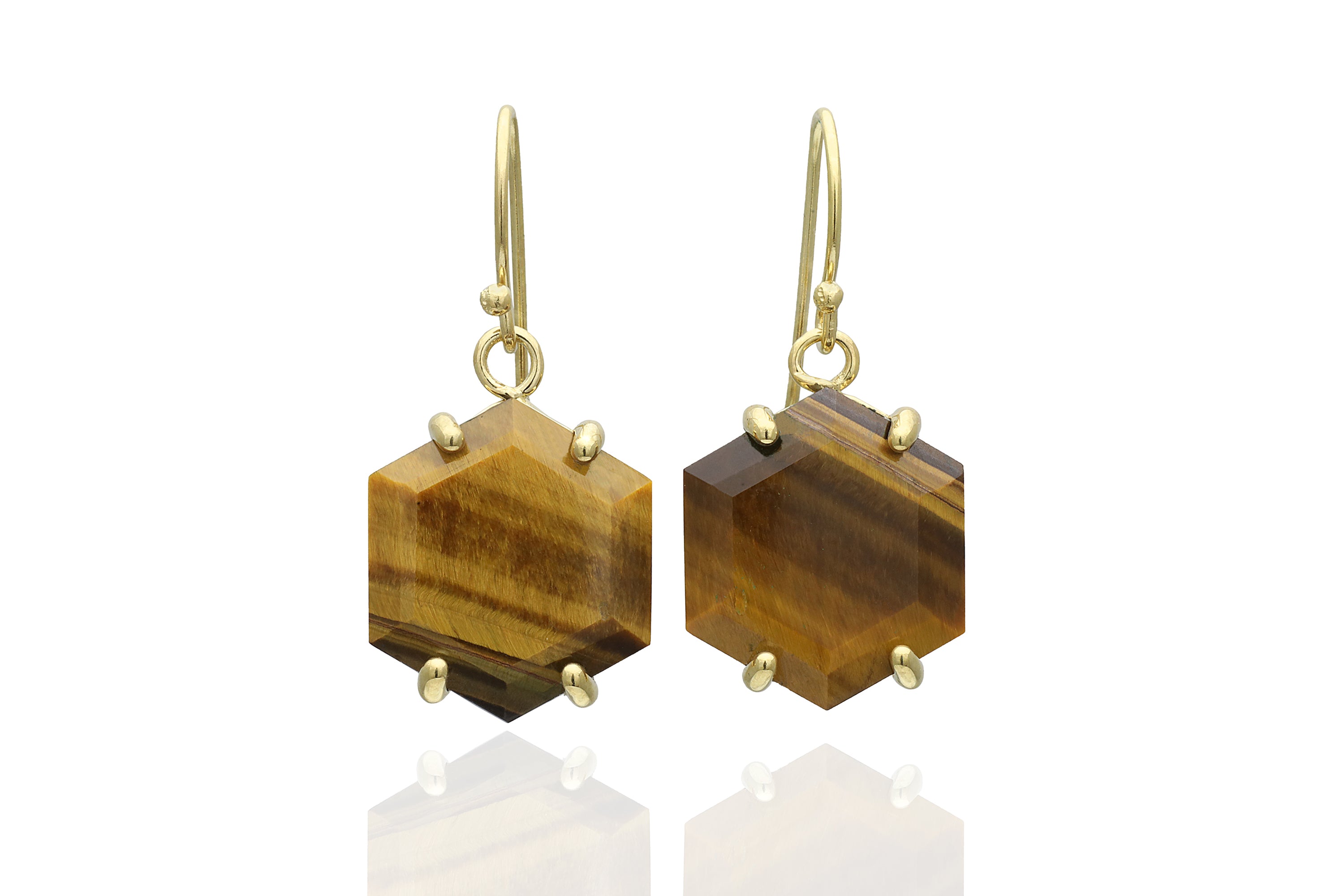Tiger Eye Hexagon Gemstone Gold Earrings Earrings Anemone Jewelry