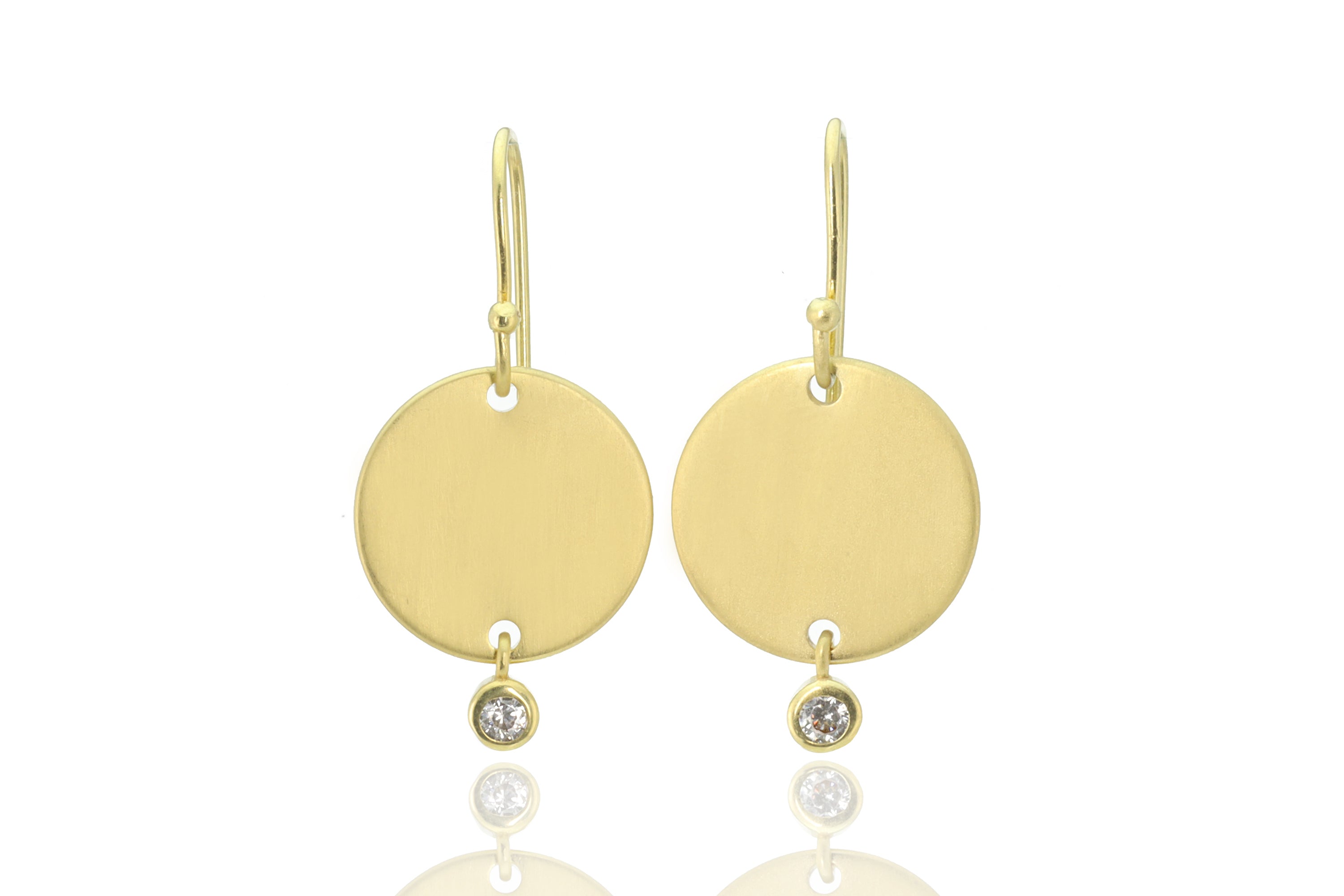 14k Matte Gold Round Coin Earrings With a Dainty CZ Earrings Anemone Jewelry