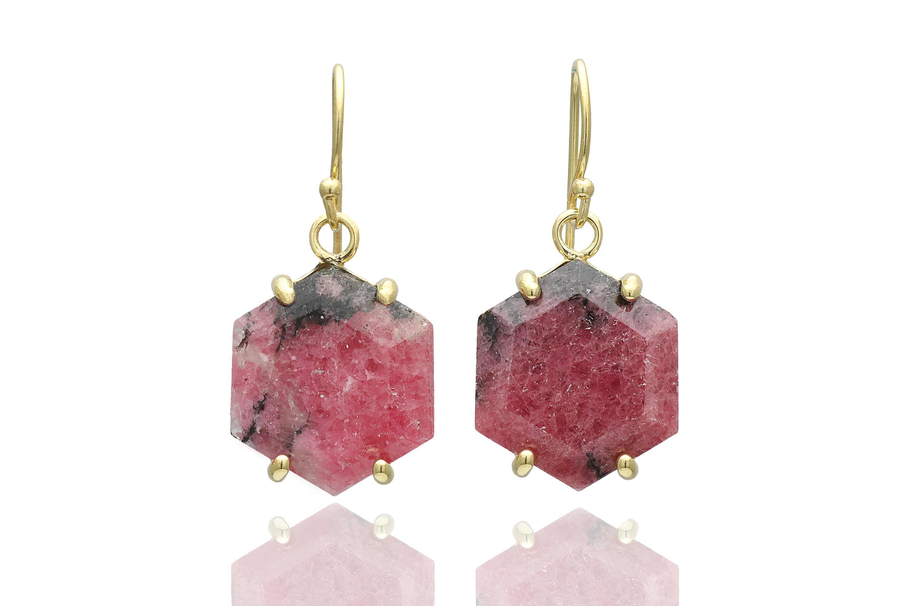 Gold Rhodonite Hexagon Statement Earrings Earrings Anemone Jewelry