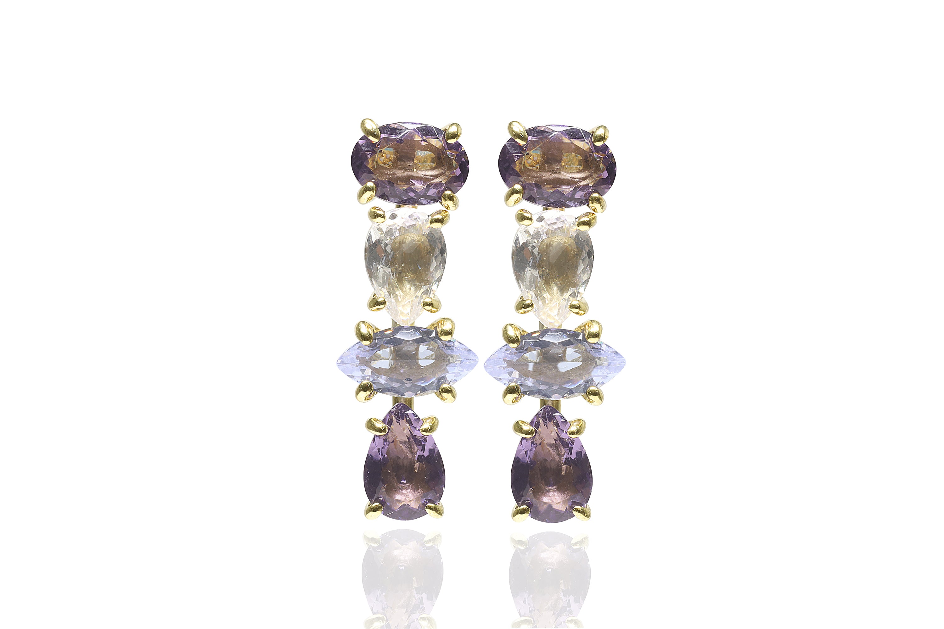 Multistone Gold Earrings with Amethyst, Crystal Quartz, Tanzanite Earrings Anemone Unique