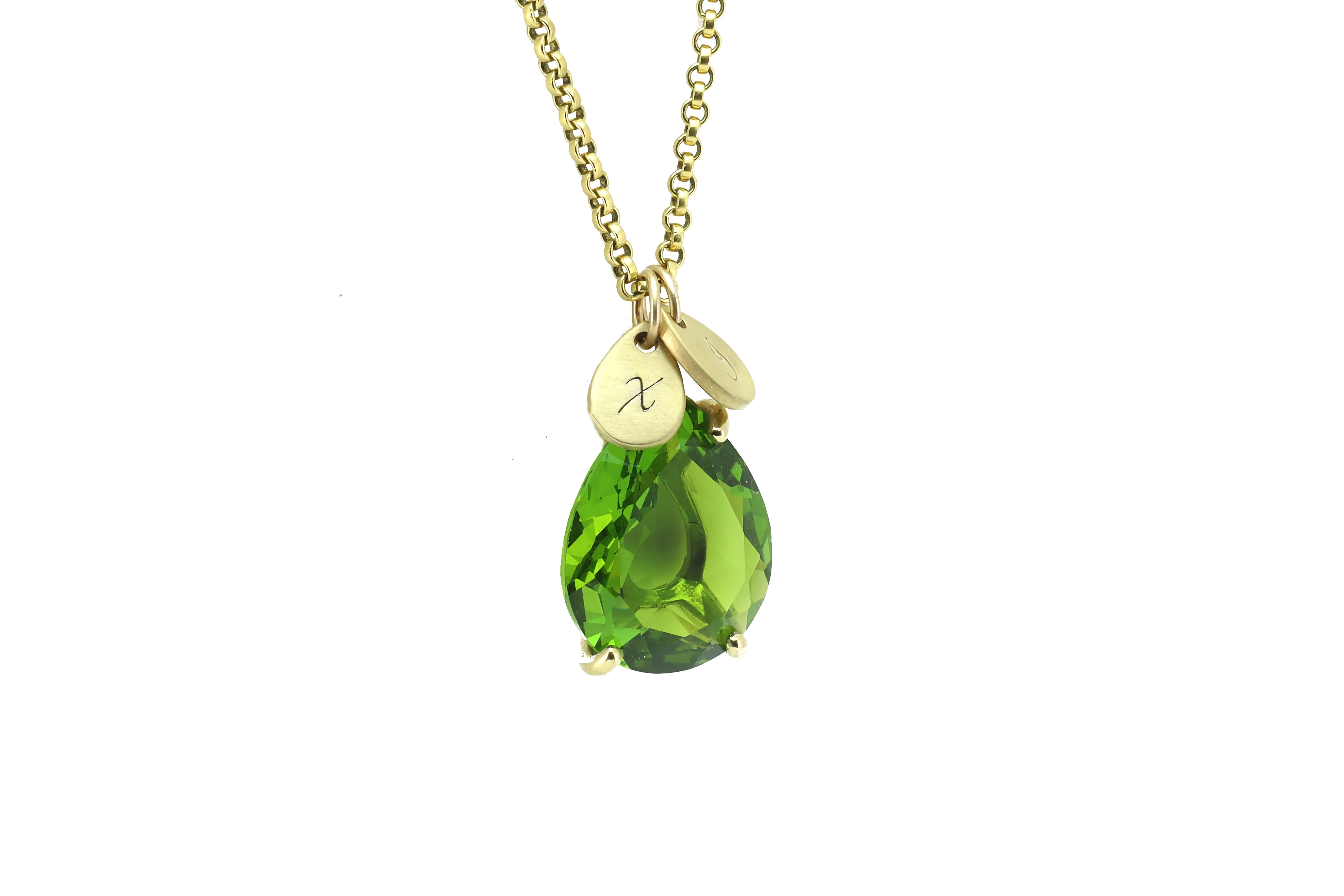 Customized 14k Gold Pear Peridot and Coin Pendant Necklace necklaces Anemone Jewelry