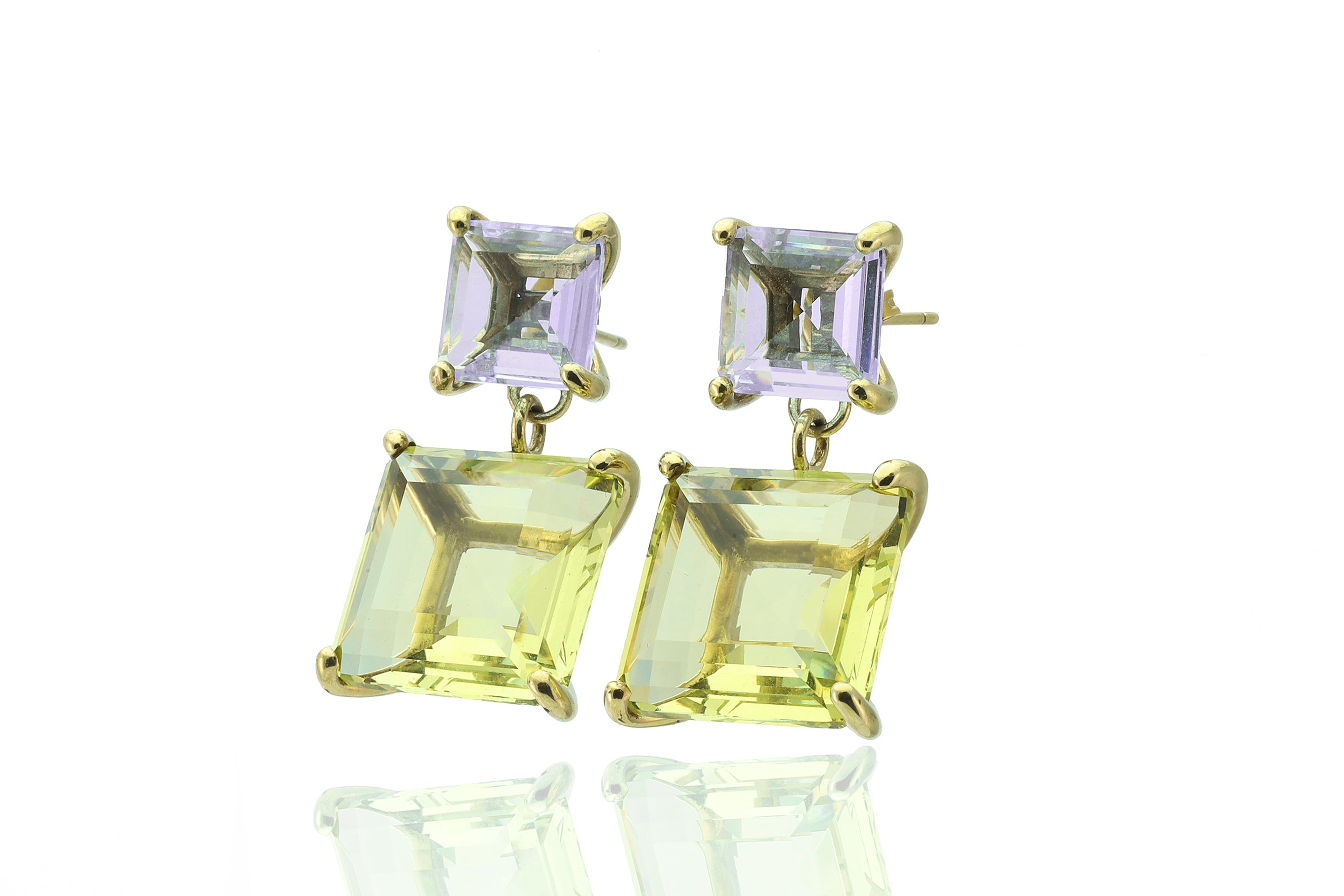Multi-Stone Square Tanzanite and Lemon Quartz Gold Earrings Earrings Anemone Jewelry