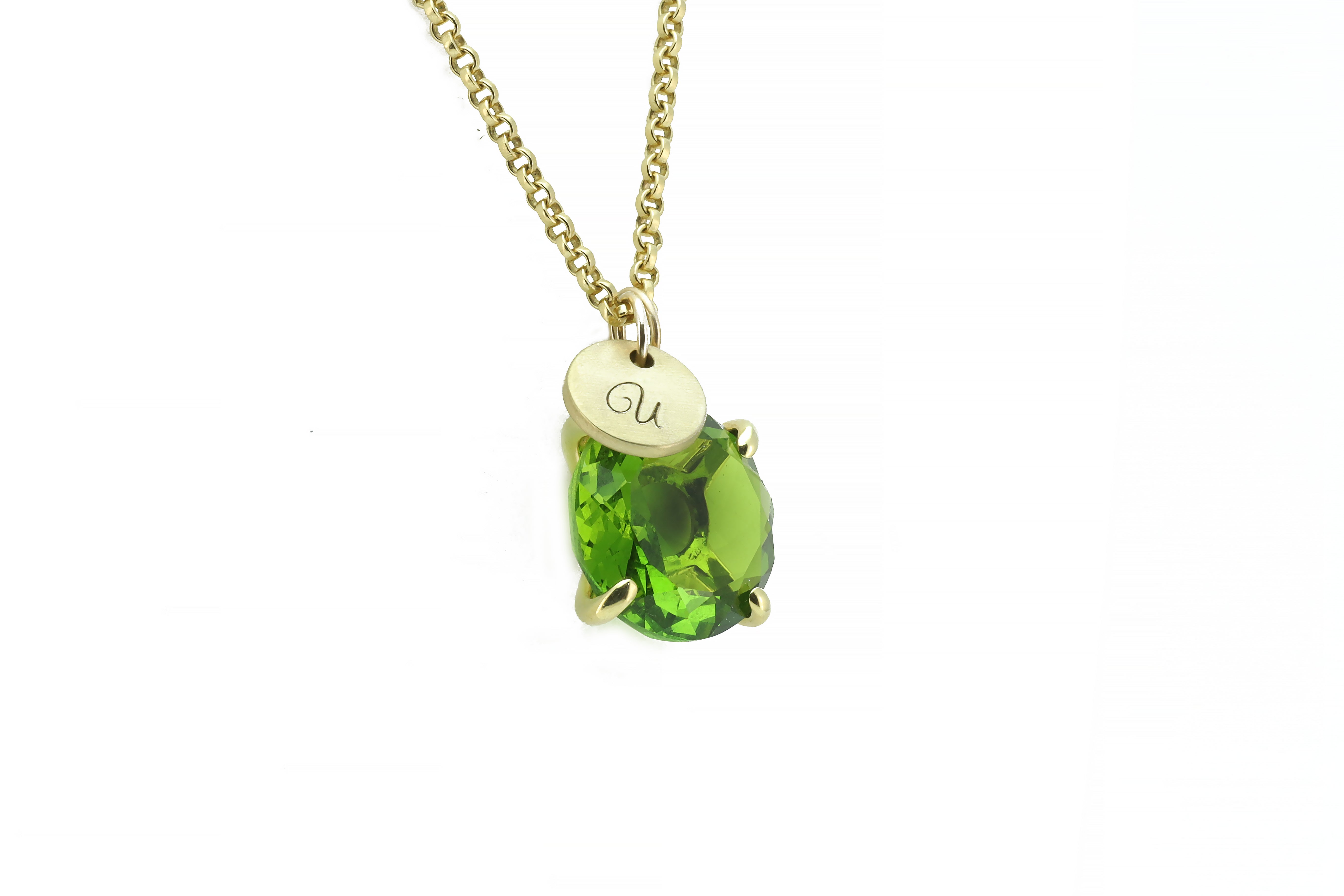 Engraved Initials Coin and Peridot Round Cut Gold Necklace necklaces Anemone Jewelry