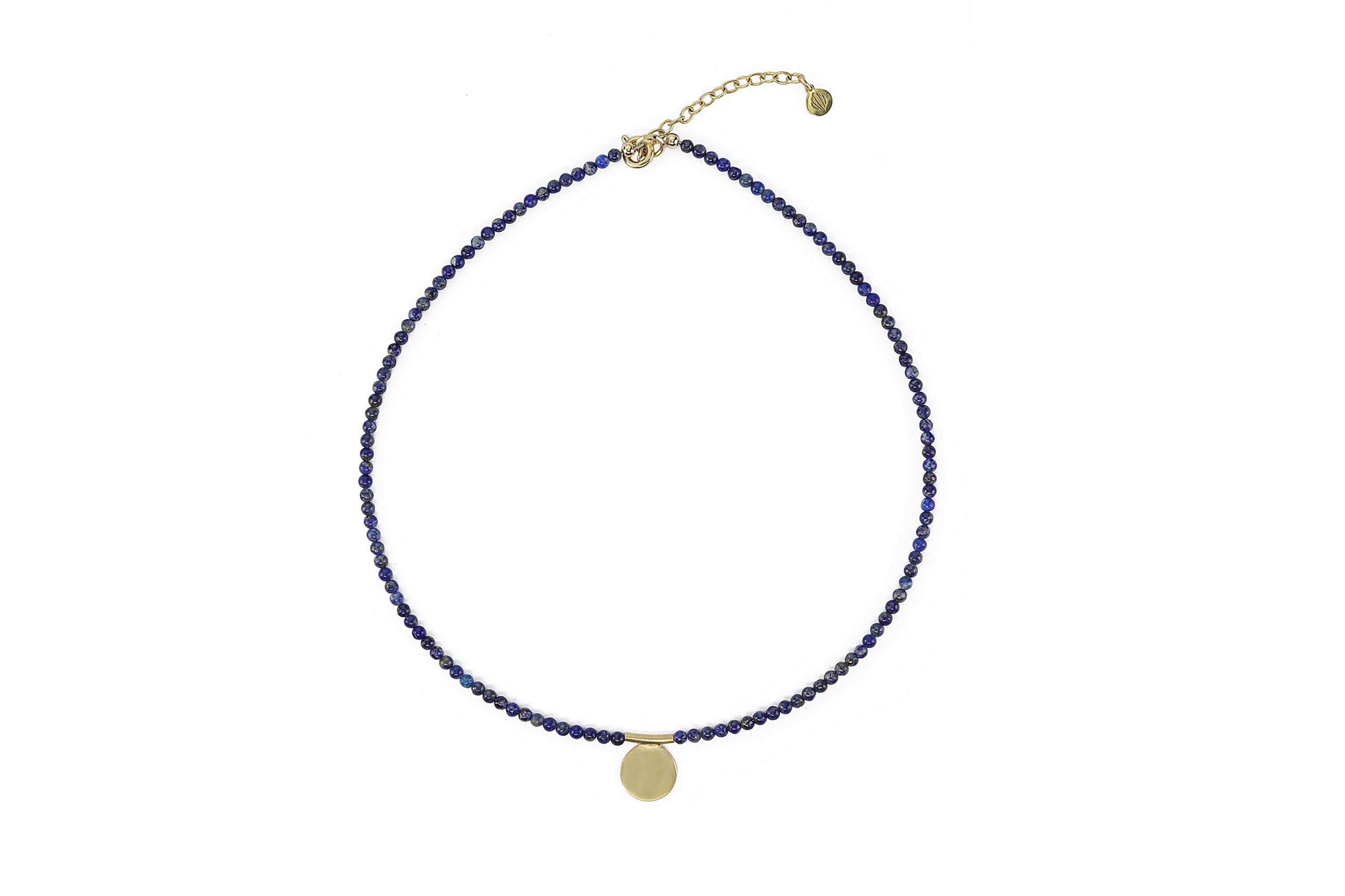Beaded Lapis Lazuli Gemstone Necklace with Gold Center Flat Coin necklaces Anemone Unique