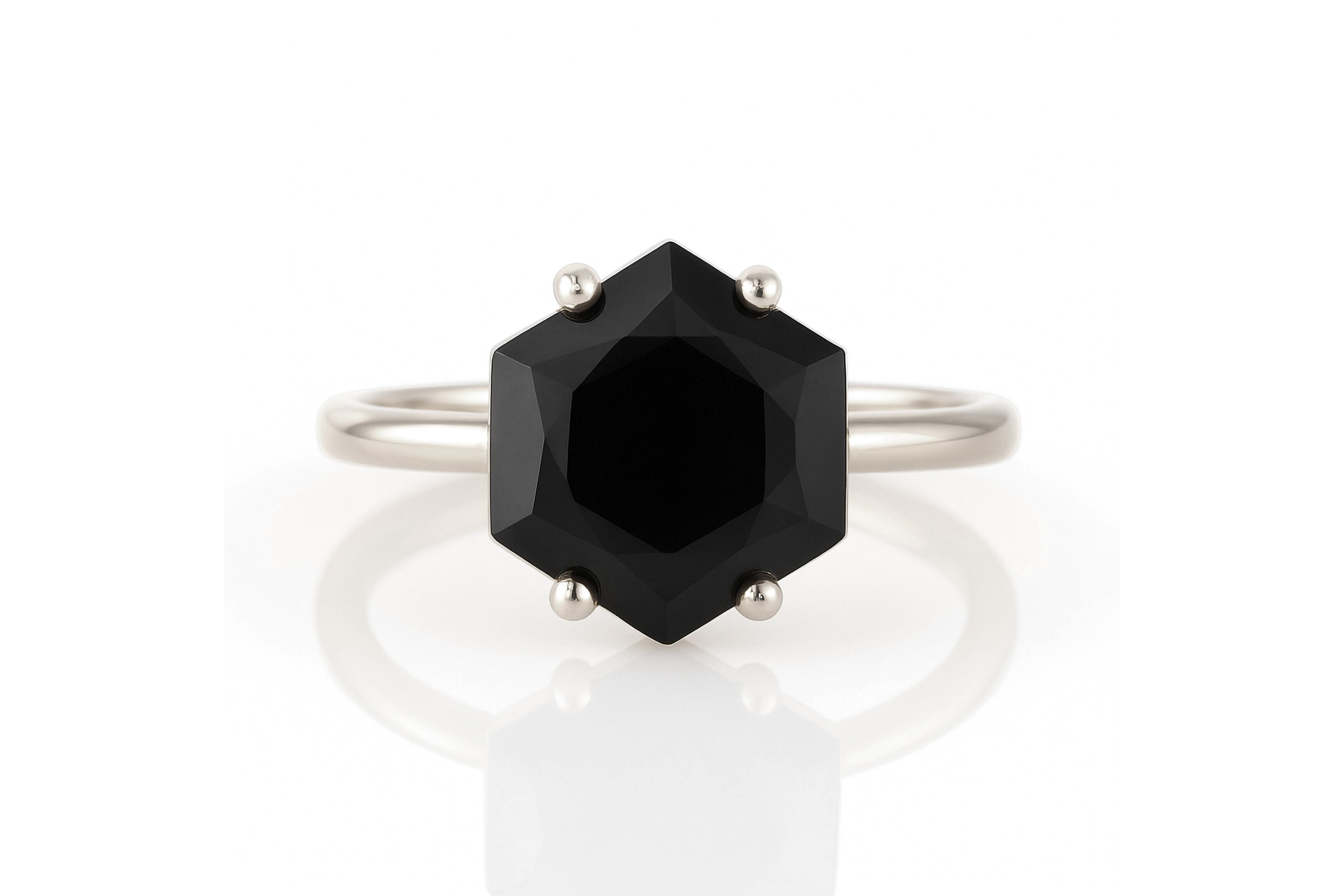 Black Onyx Hexagonal Silver Ring Rings Anemone Unique