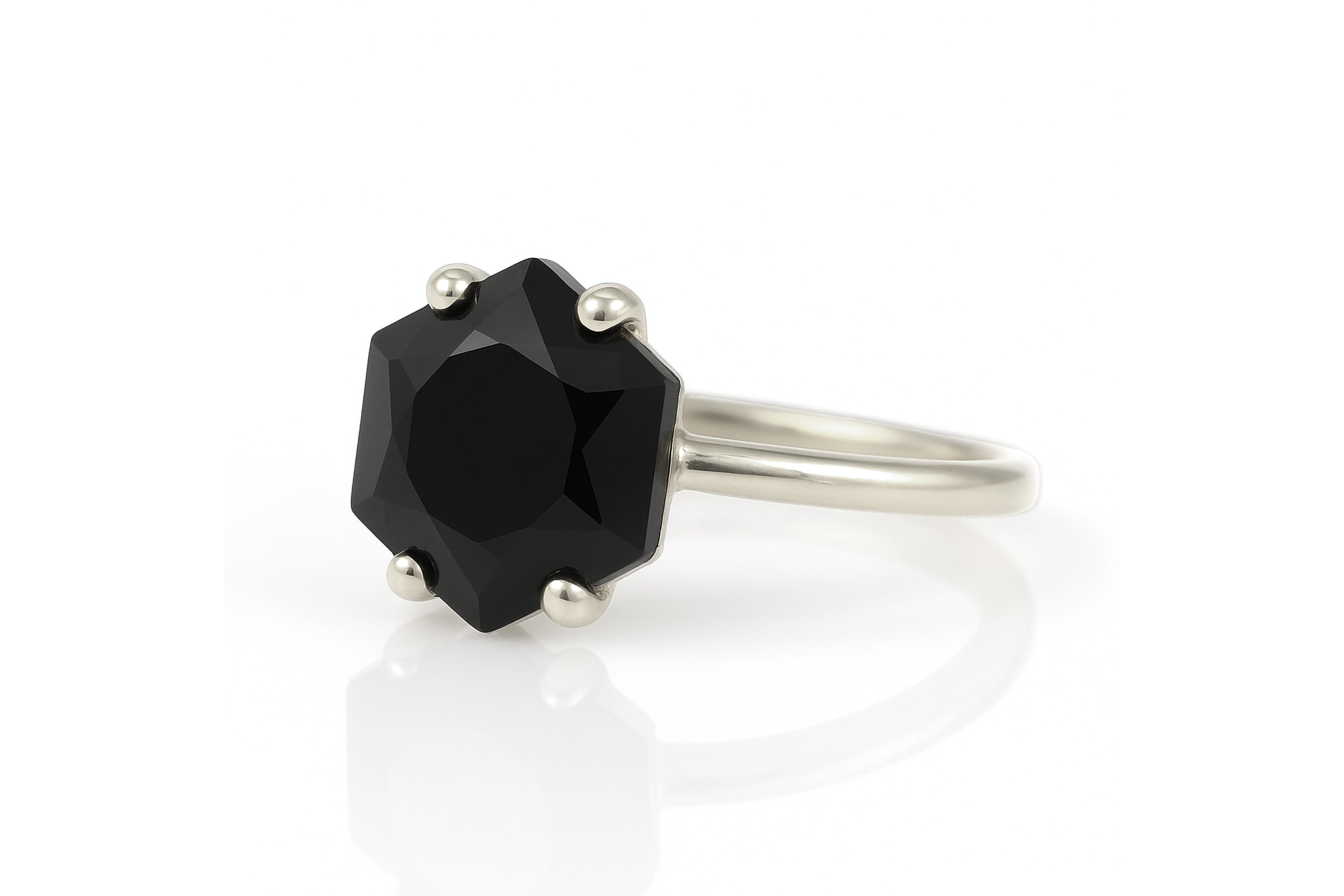 Black Onyx Hexagonal Silver Ring Rings Anemone Unique