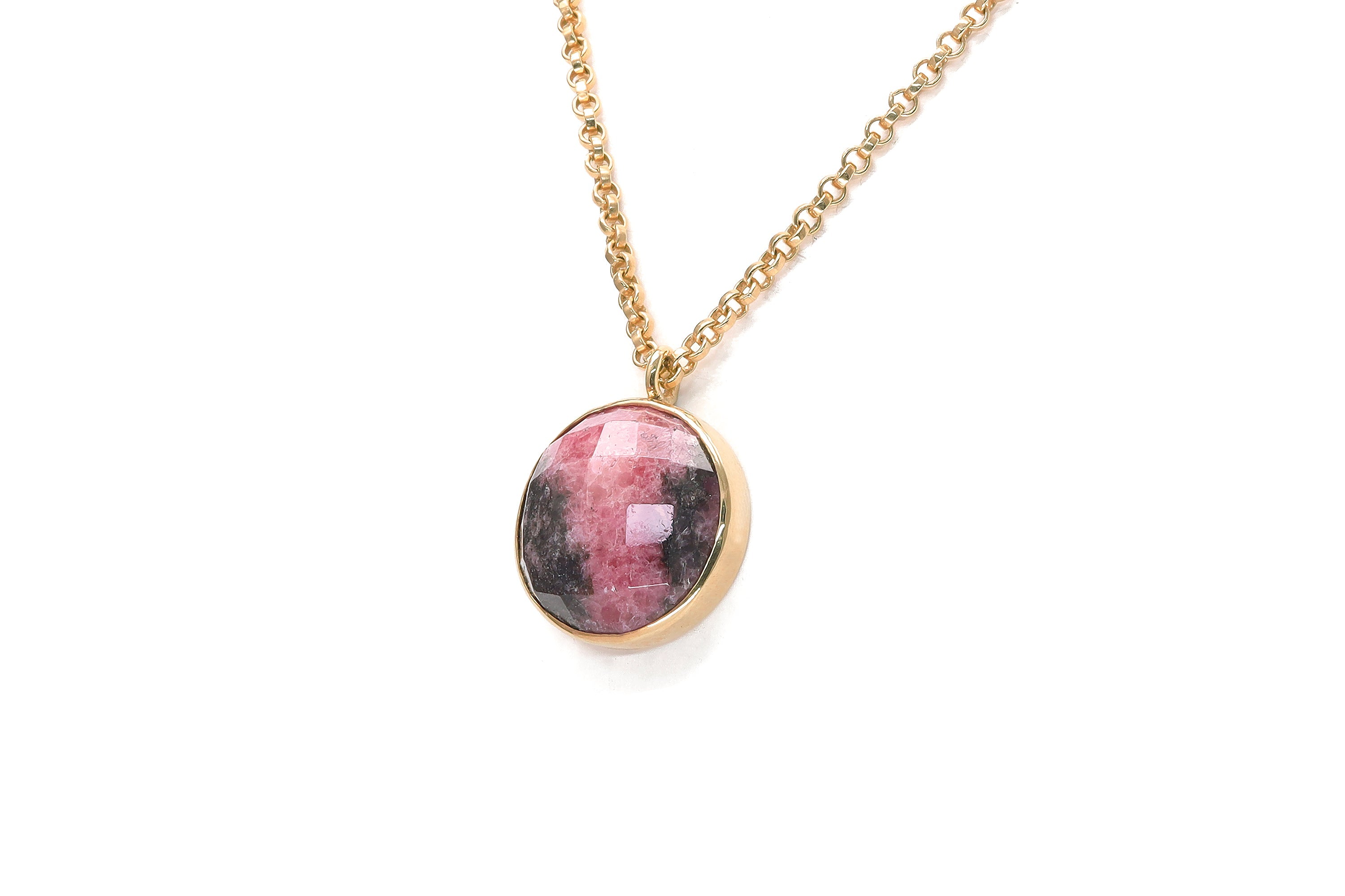 Fashionable Pink Rhodonite Bezel Set Gold Necklace necklaces Anemone Limited