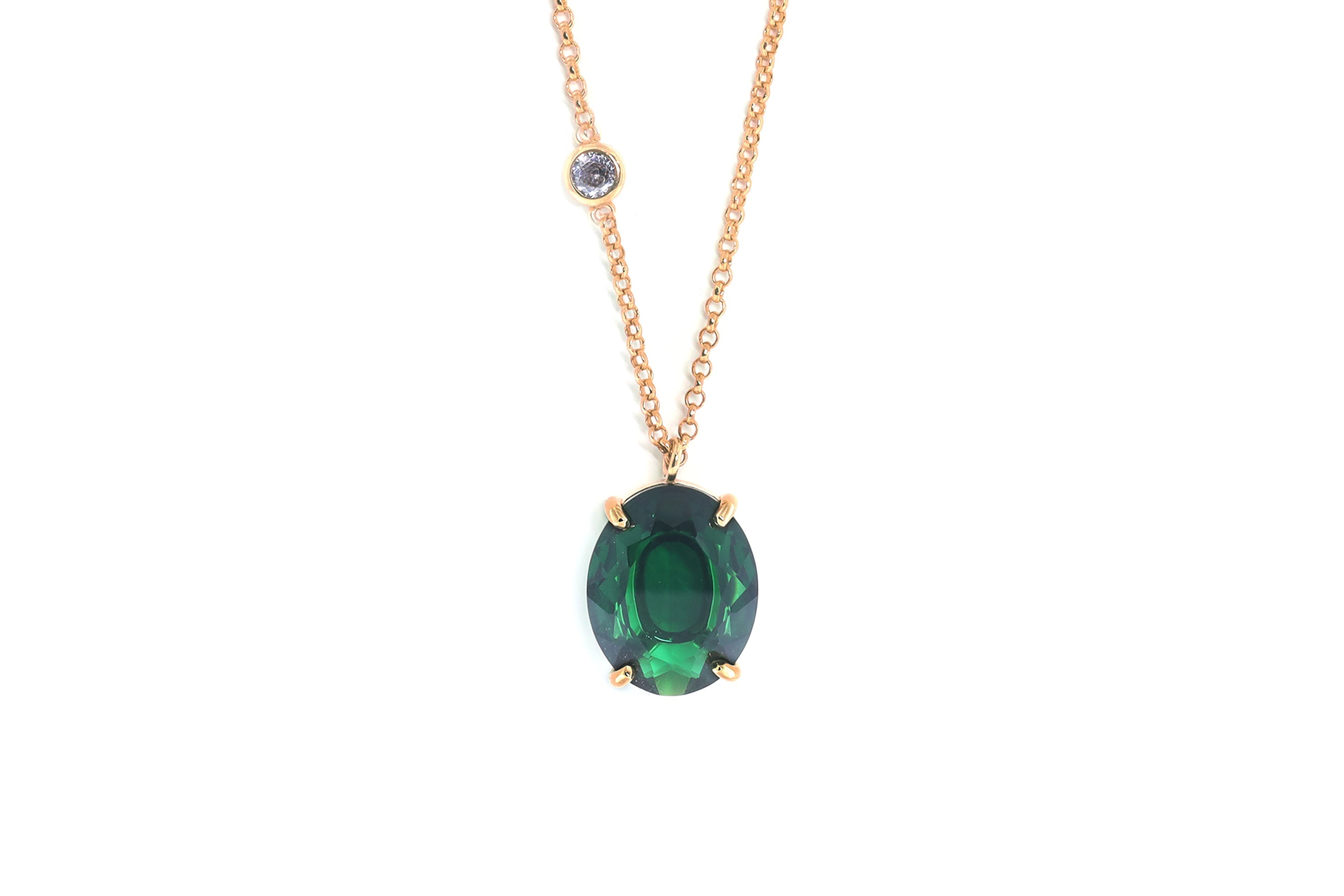 Long Gold Oval Emerald Gemstone Necklace with Cubic Zirconia necklaces Anemone Jewelry