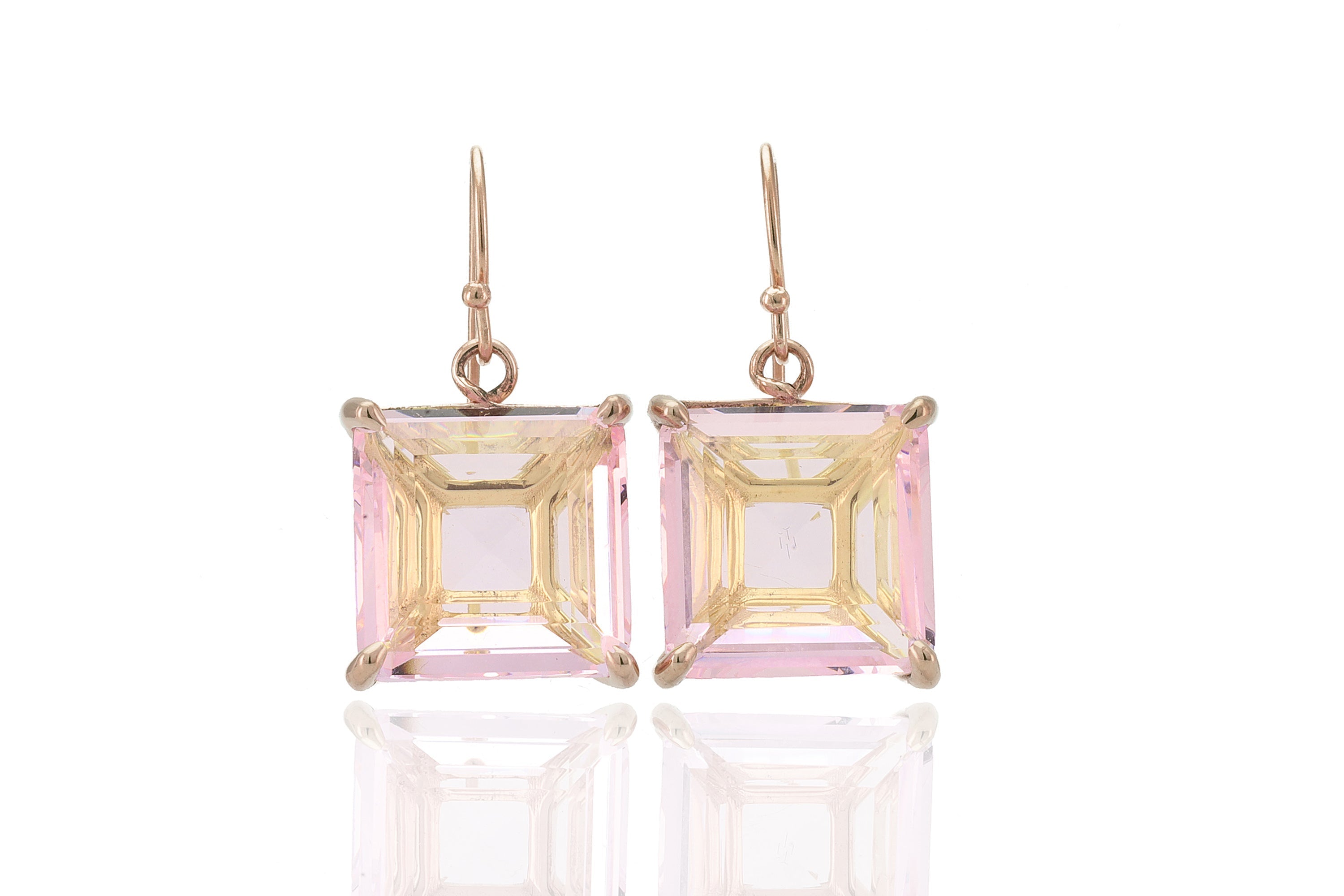 Rose Quartz Square Cut Dangle Gold Earrings Earrings Anemone Jewelry