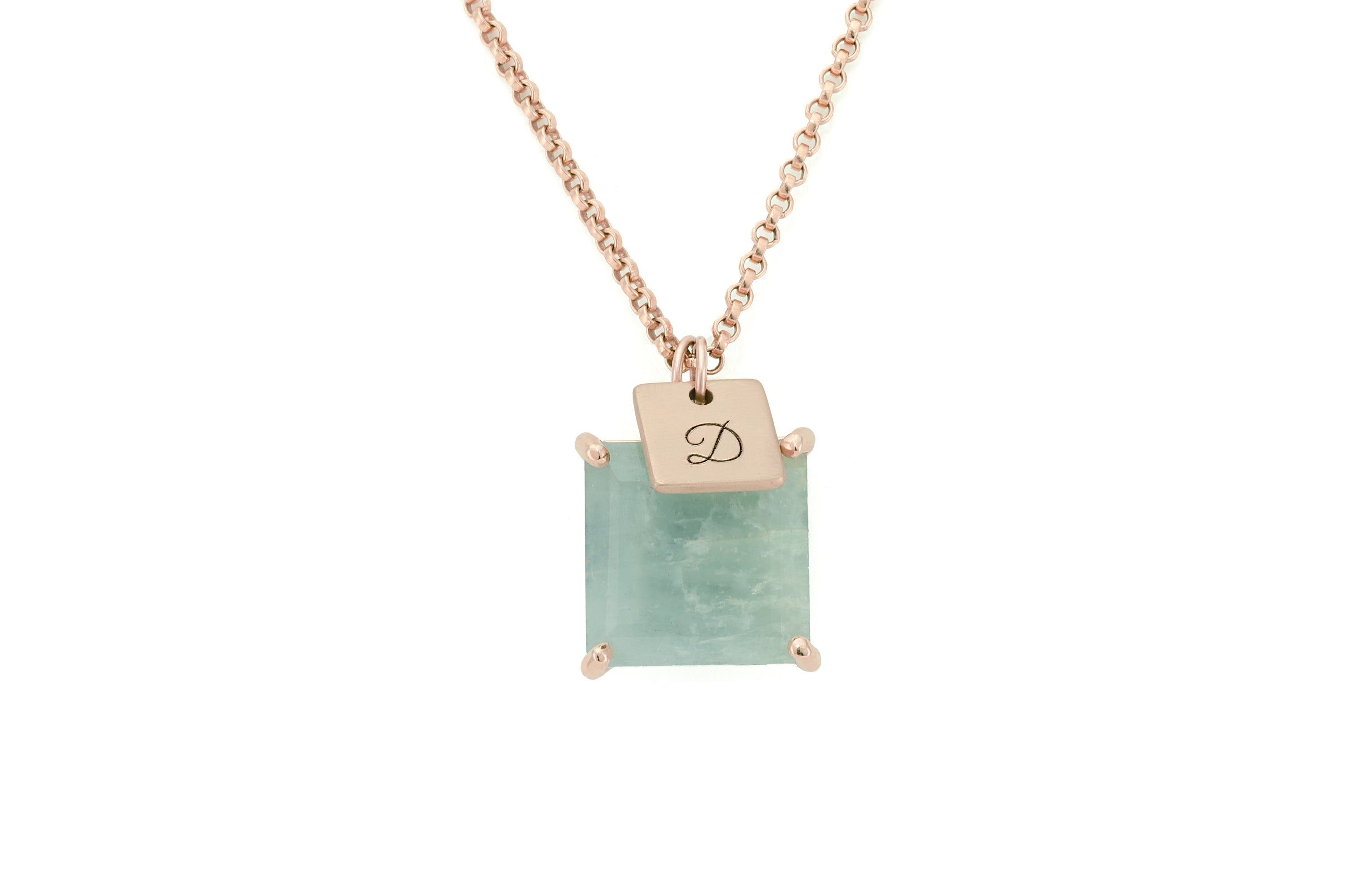Aquamarine Square Gemstone Gold with Initial Coin Charm Pendant necklaces Anemone Jewelry