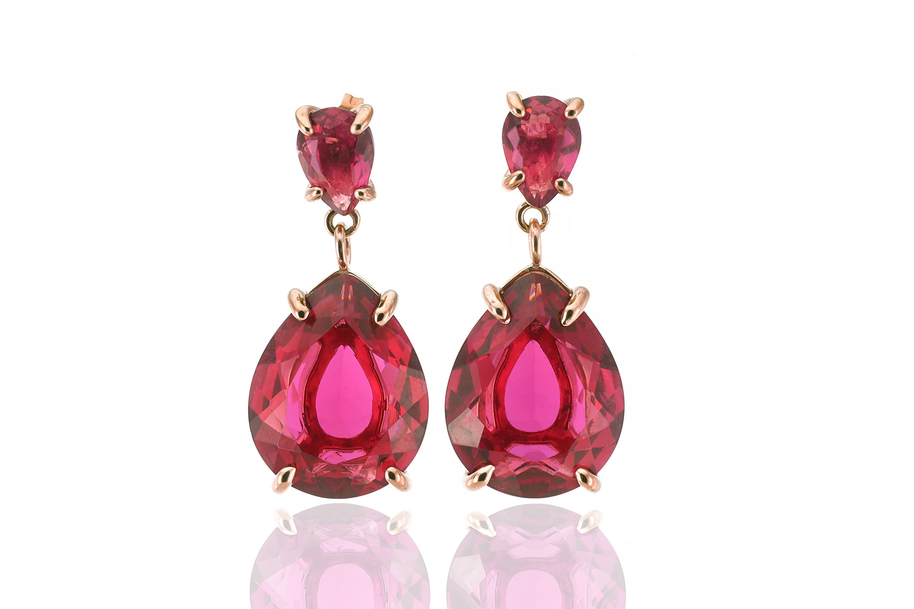 Pear Cut Pink Tourmaline Double Stone Gold Earrings Earrings Anemone Jewelry