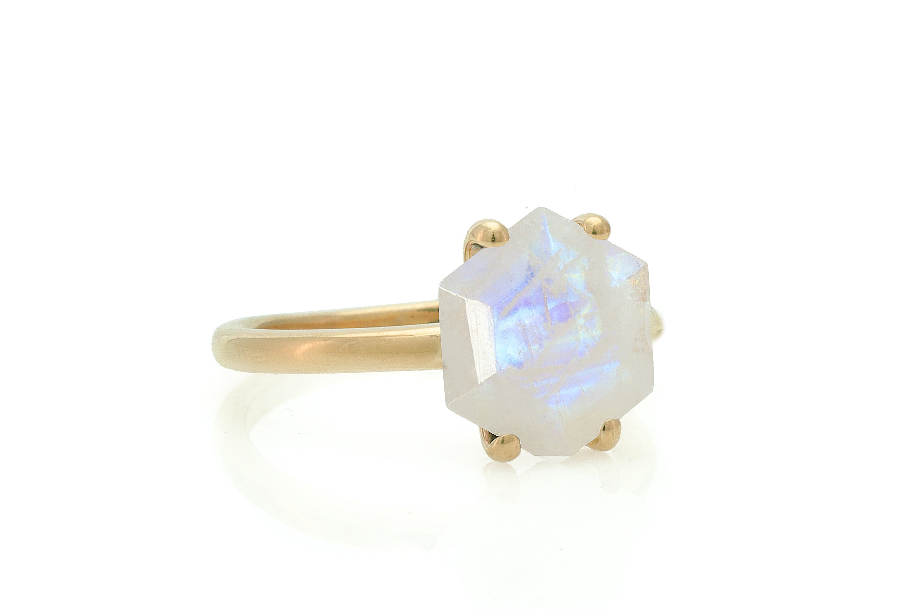 Hexagon Cut Rainbow Moonstone Gold Ring Rings Anemone Unique