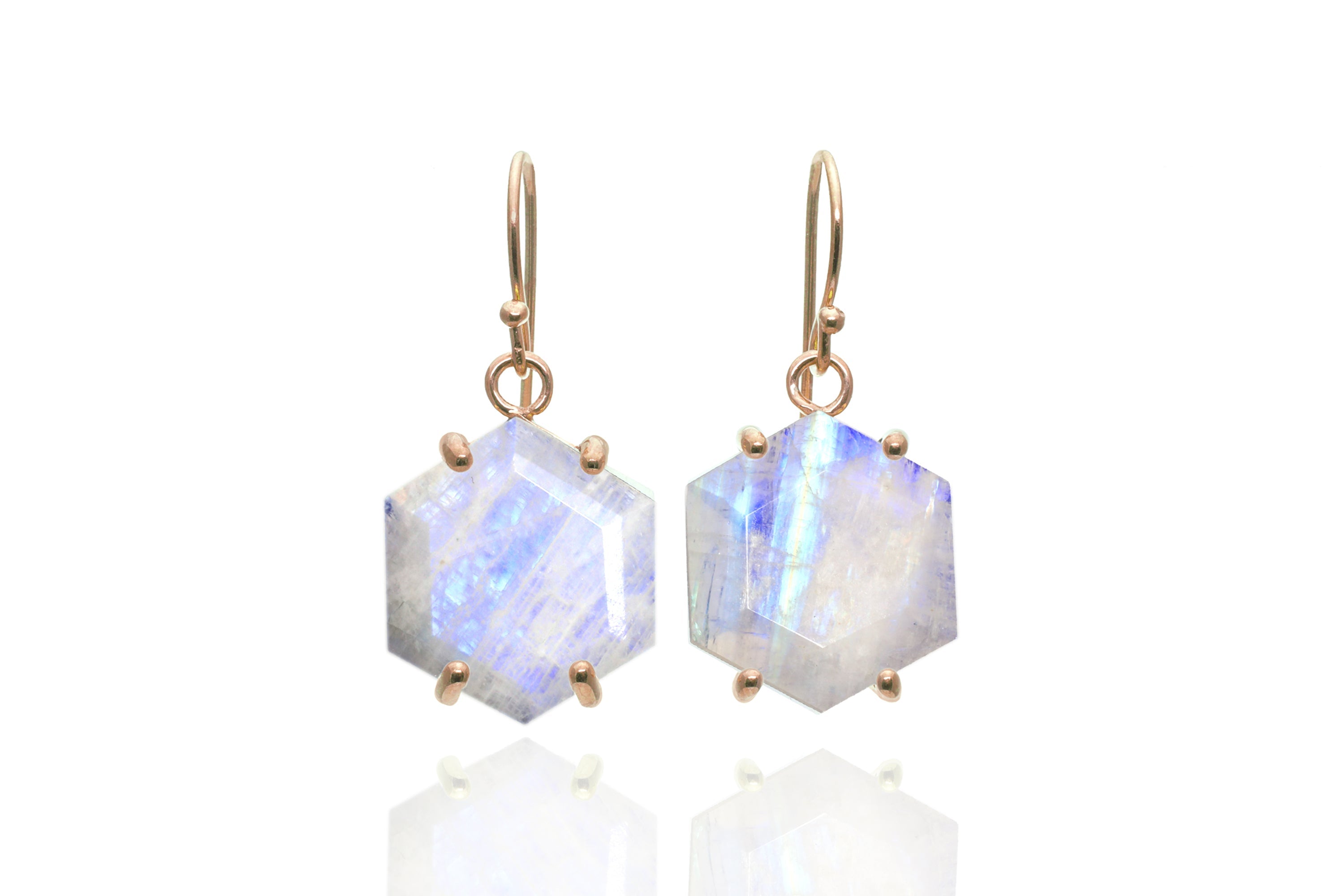 Hexagon Cut Gold Rainbow Moonstone Ring Earrings Anemone Jewelry
