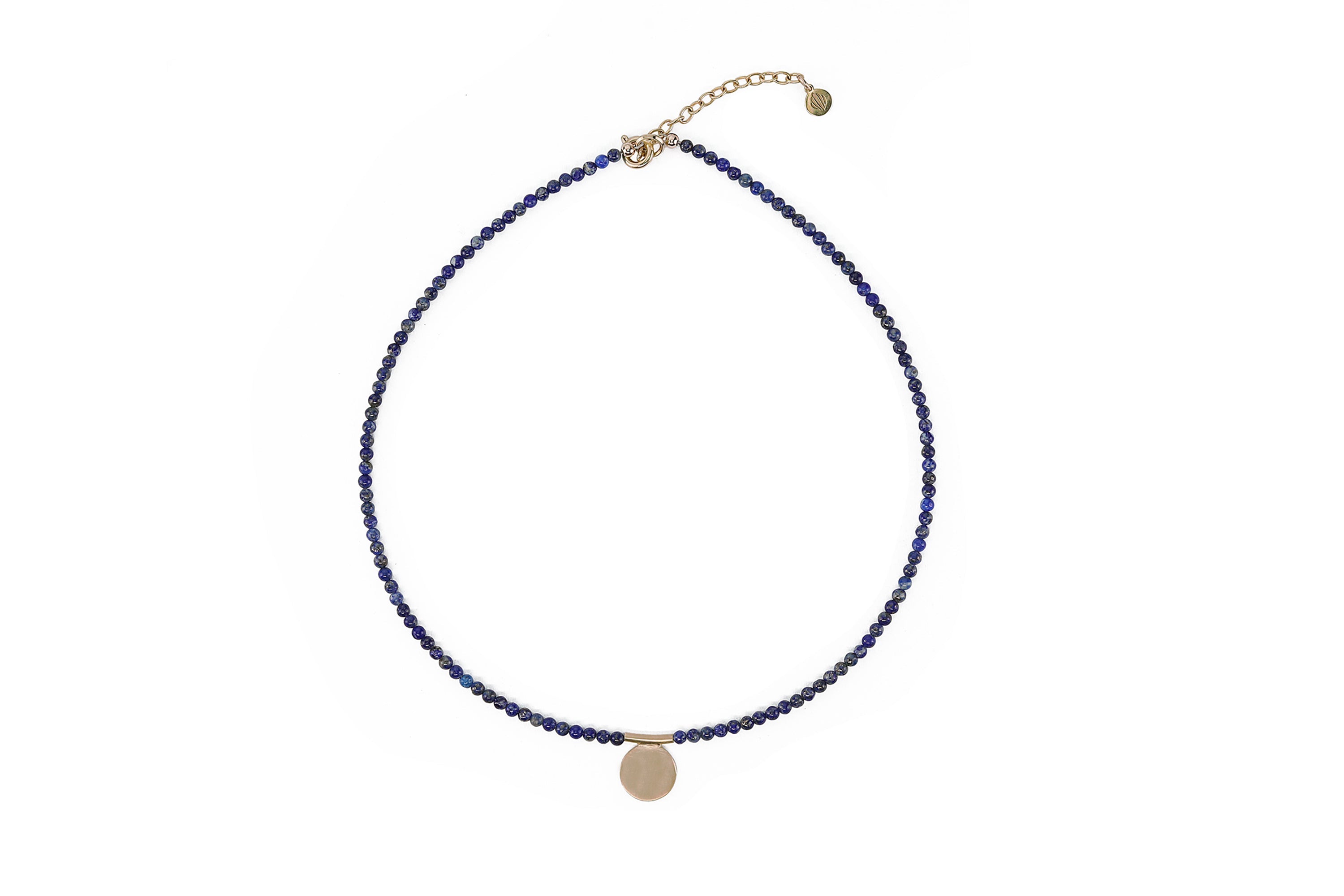 Beaded Lapis Lazuli Gemstone Necklace with Gold Center Flat Coin necklaces Anemone Unique
