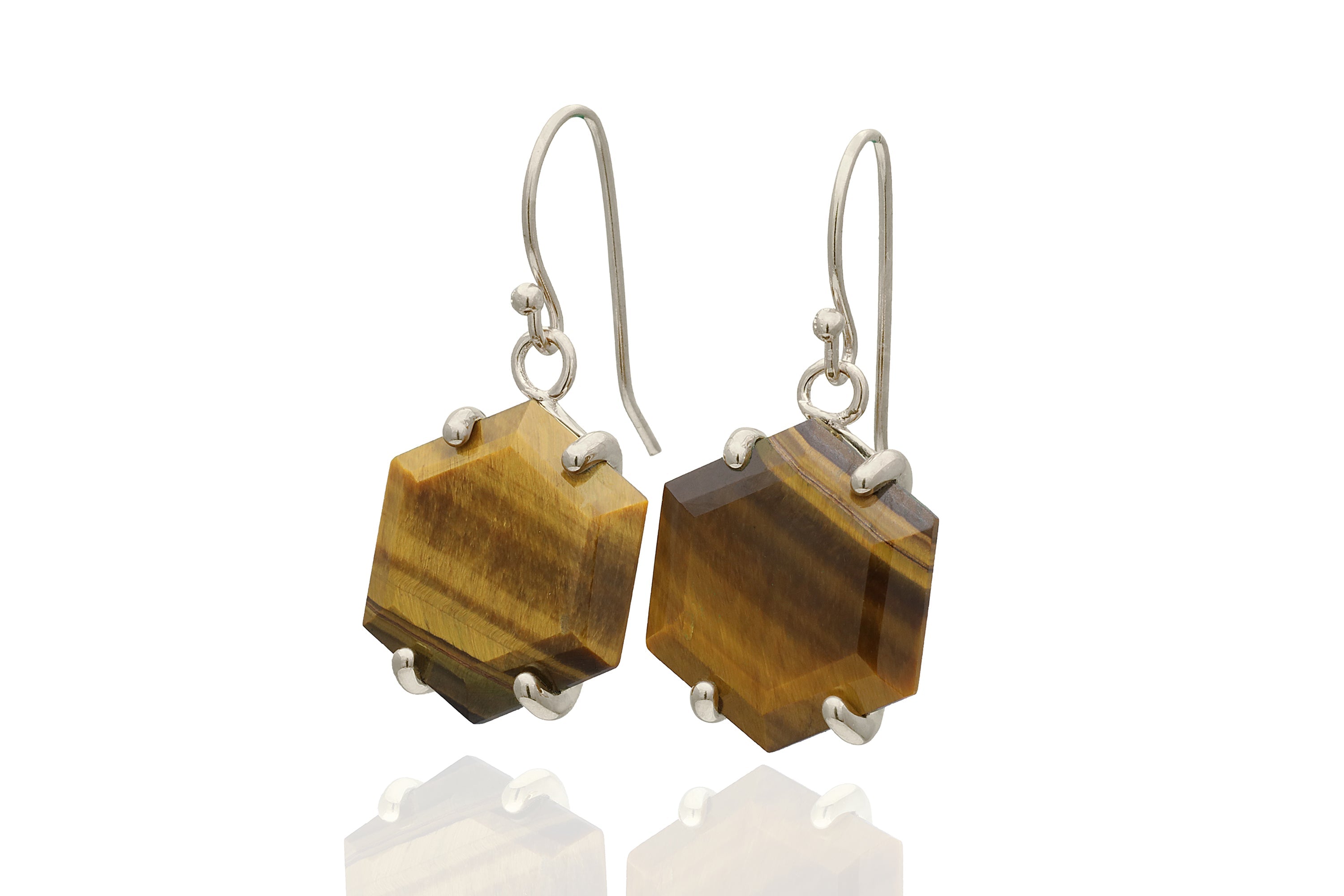 Tiger Eye Hexagon Gemstone Gold Earrings Earrings Anemone Jewelry