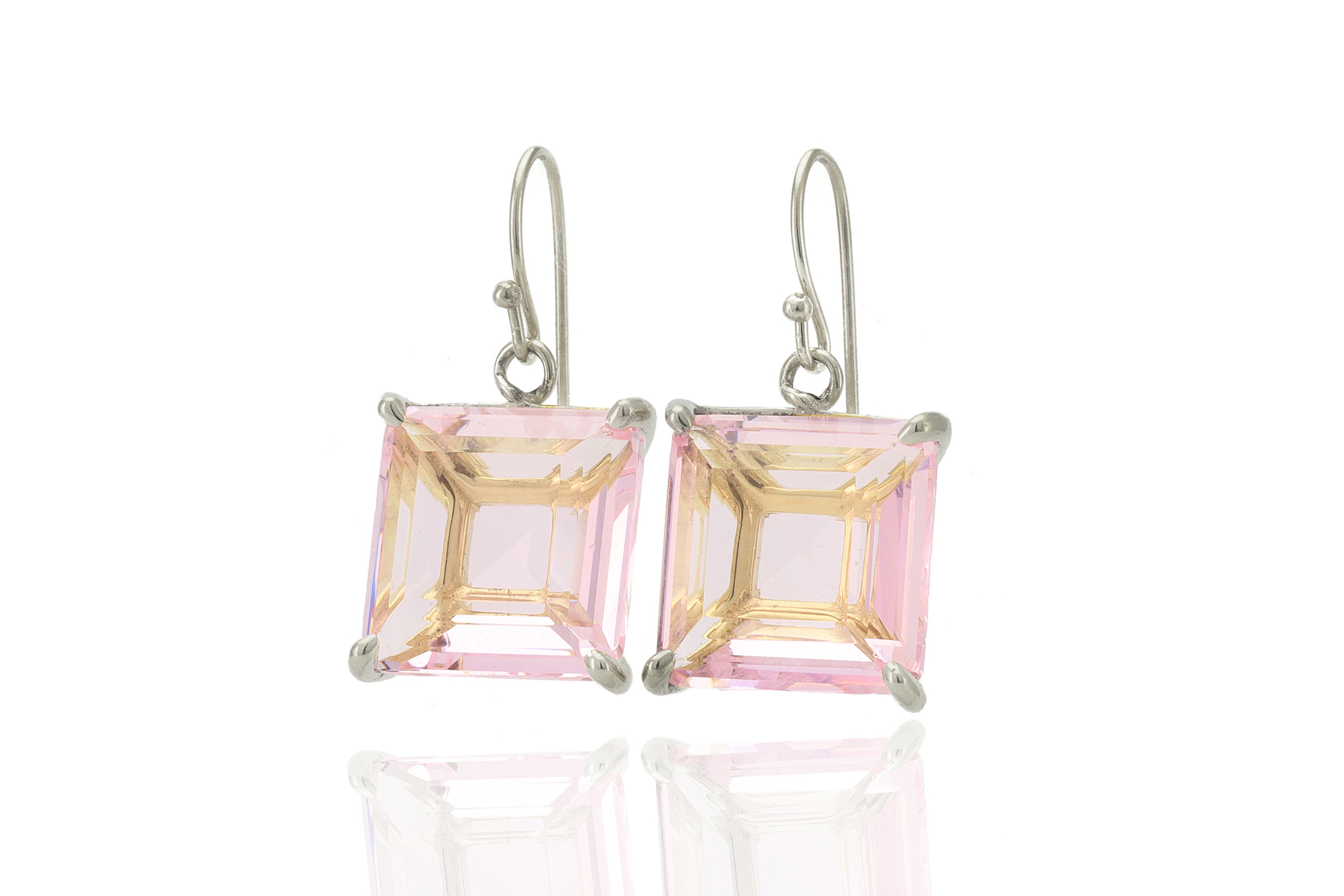 Rose Quartz Square Cut Dangle Gold Earrings Earrings Anemone Jewelry