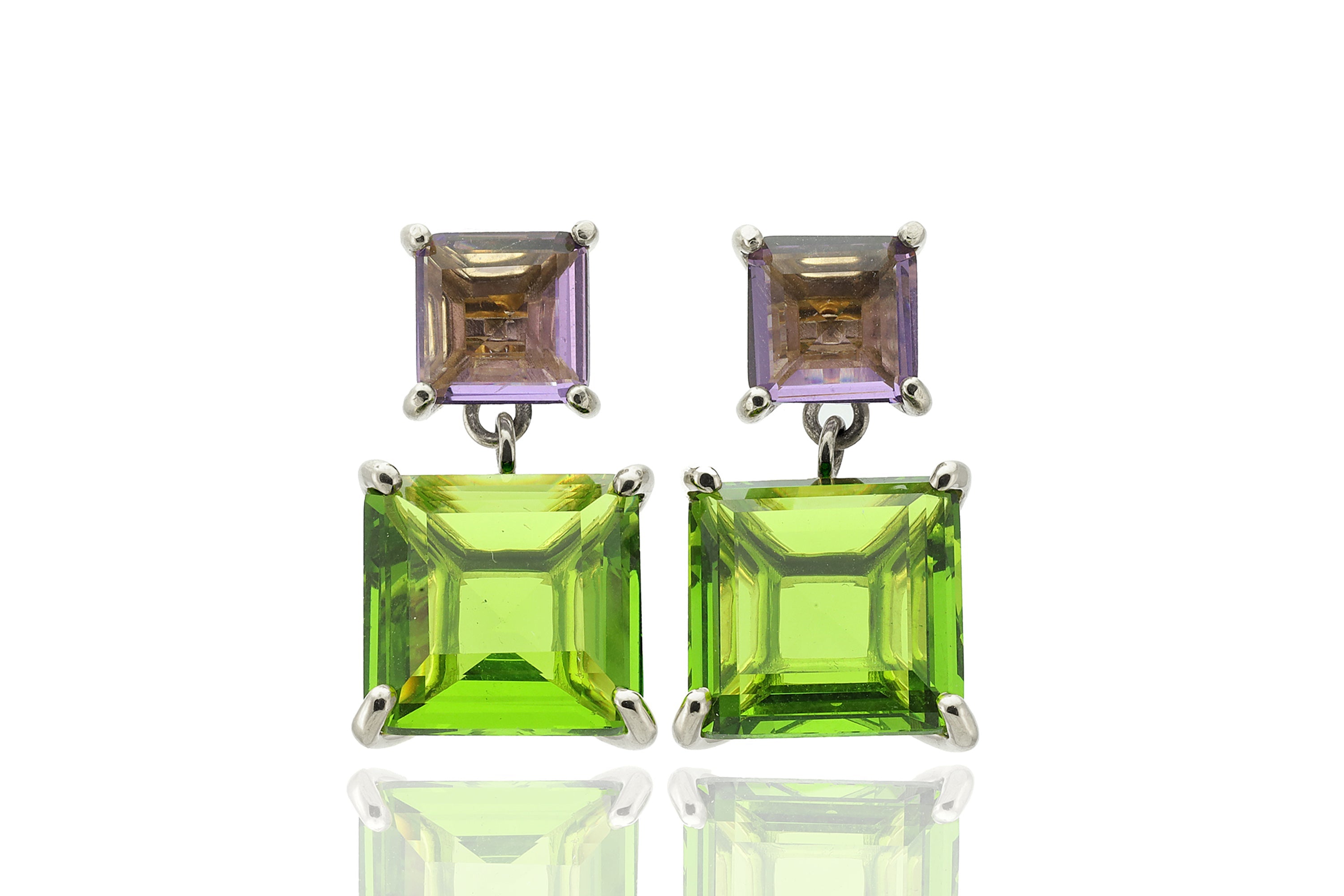 Multi-Stone Square Peridot and Amethyst Dangle Gold Filled Earrings Earrings Anemone Jewelry