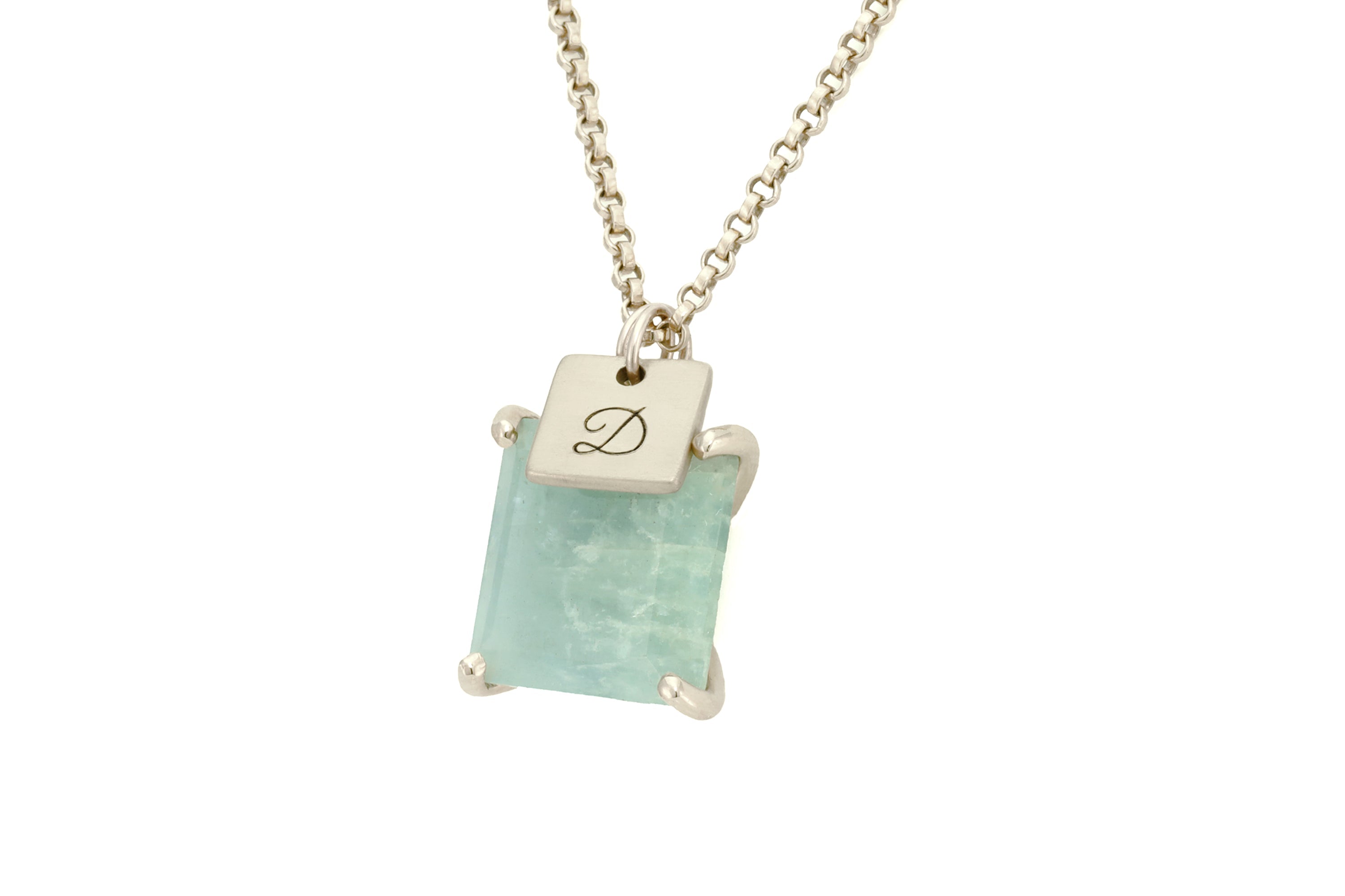 Aquamarine Square Gemstone Gold with Initial Coin Charm Pendant necklaces Anemone Jewelry