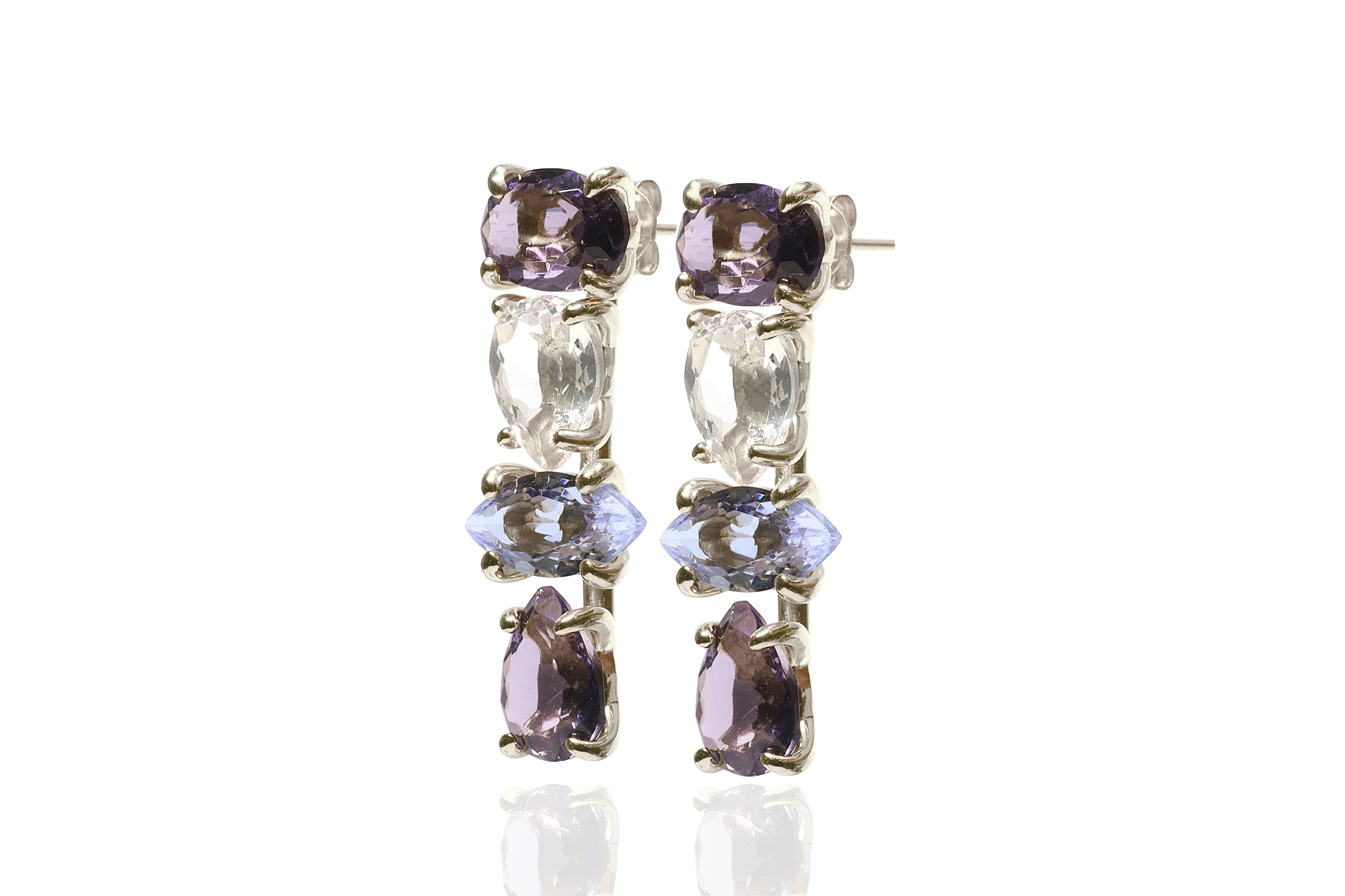 Multistone Gold Earrings with Amethyst, Crystal Quartz, Tanzanite Earrings Anemone Unique