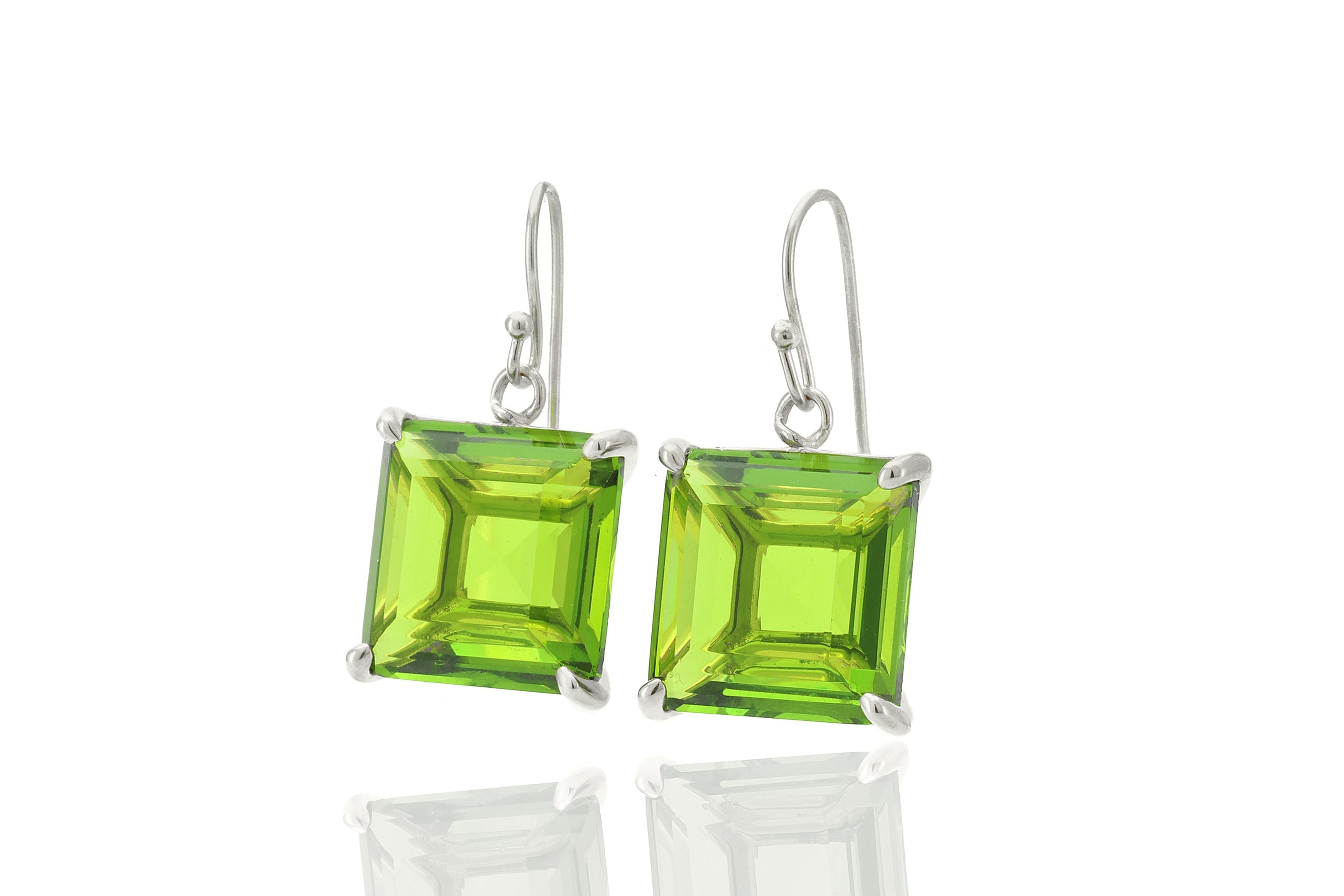 14k Gold Square Cut Peridot Dangle Earrings Earrings Anemone Jewelry