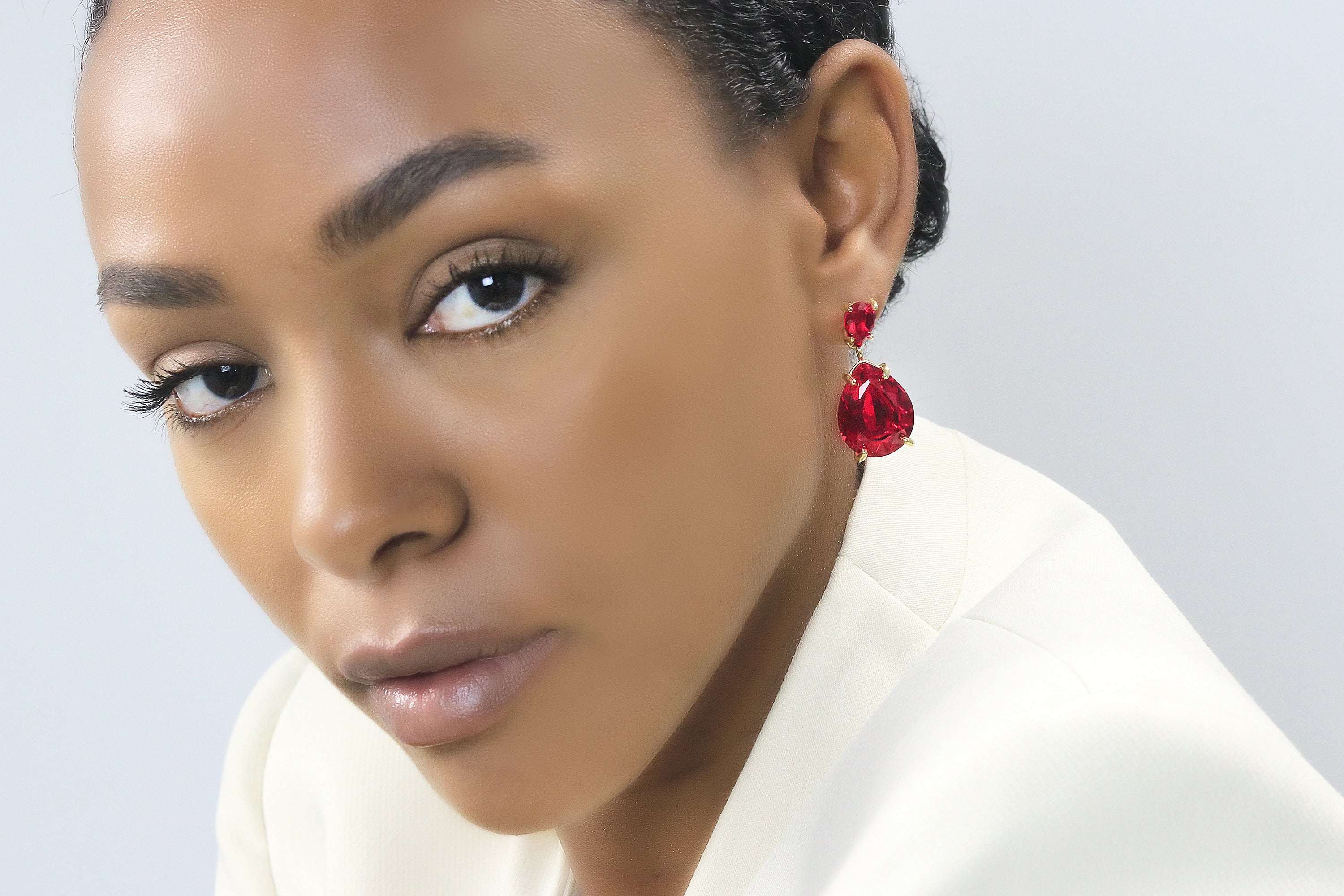 Dangling Pear Ruby Earrings in Gold Earrings Anemone Jewelry