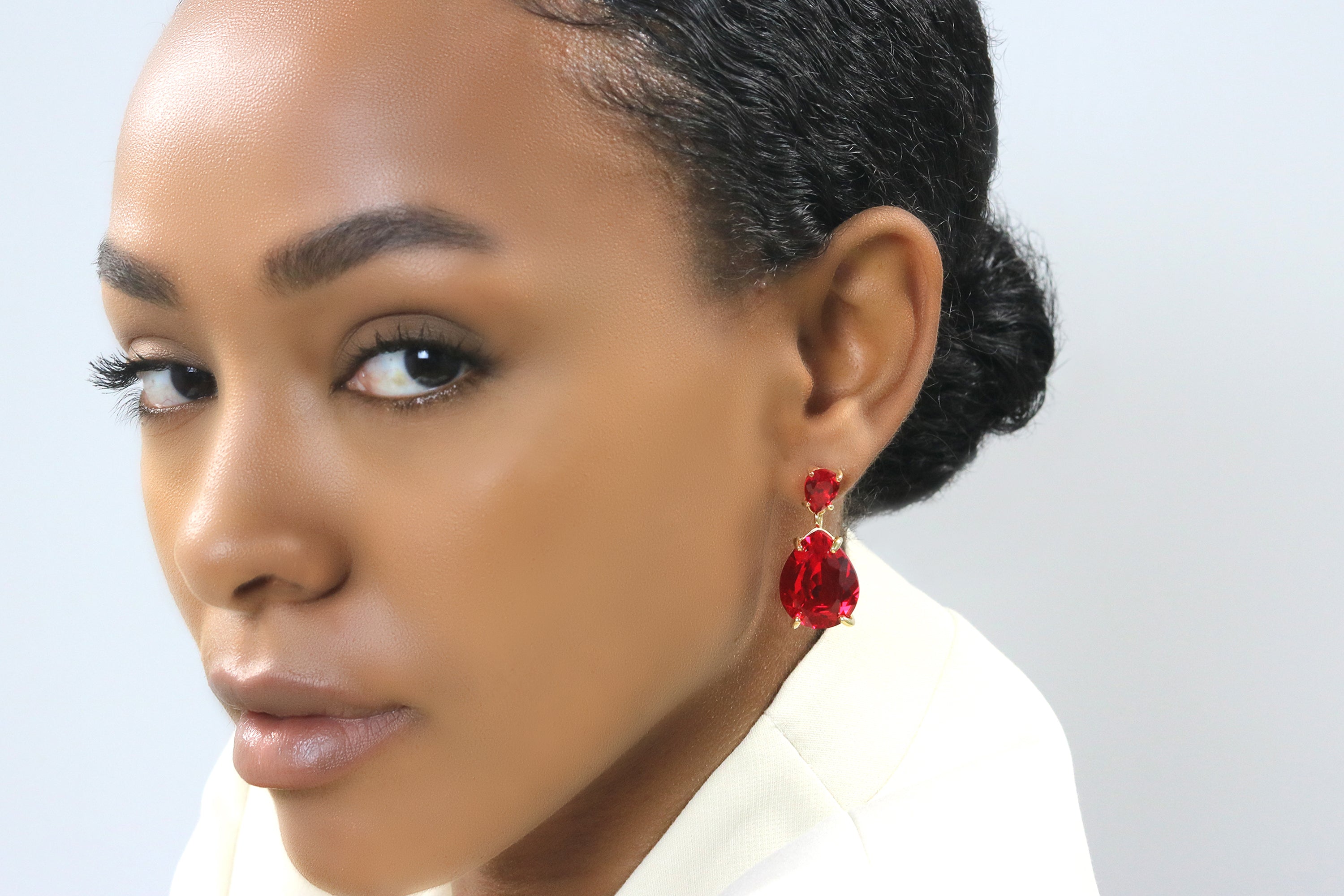 Dangling Pear Ruby Earrings in Gold Earrings Anemone Jewelry