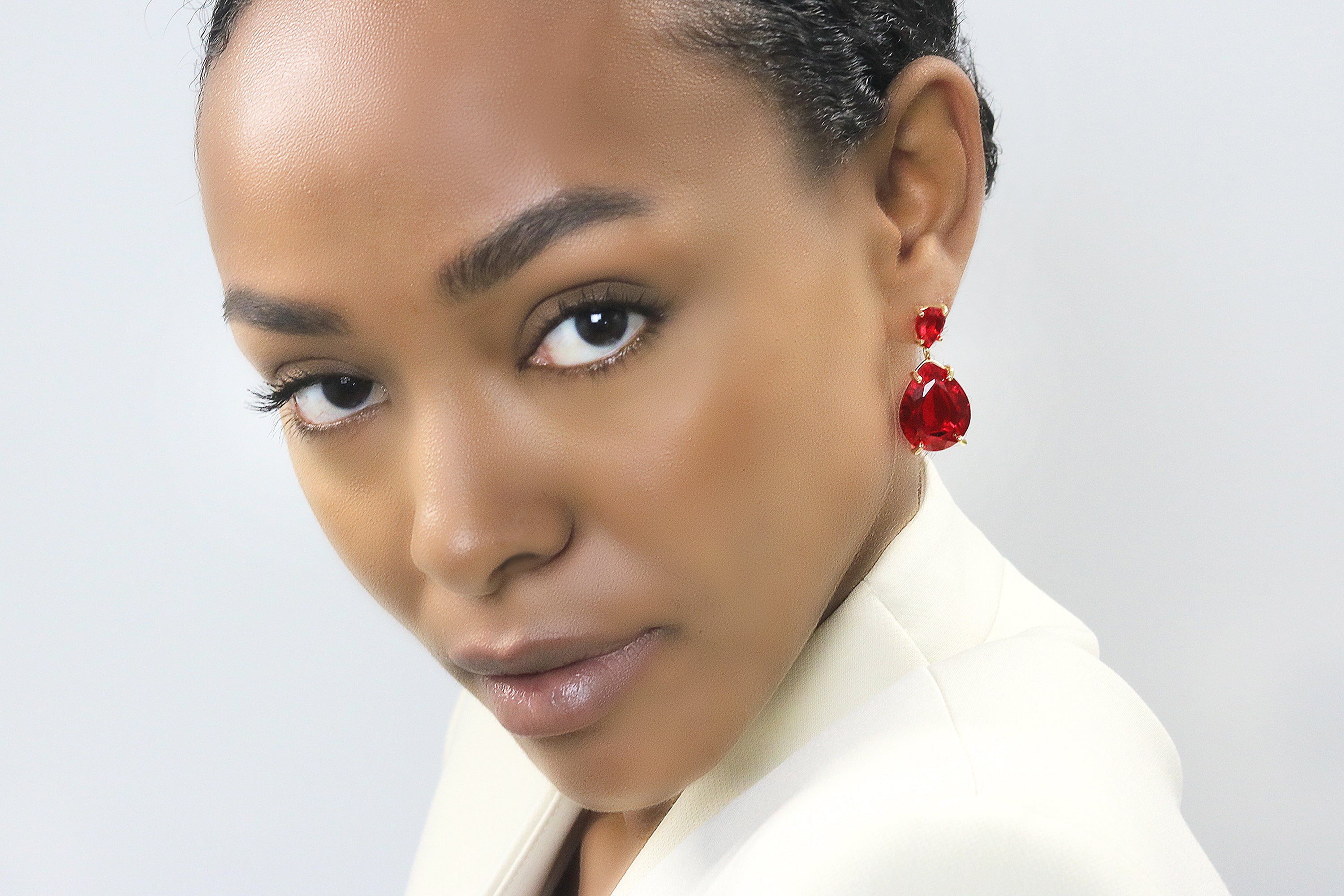 Dangling Pear Ruby Earrings in Gold Earrings Anemone Jewelry