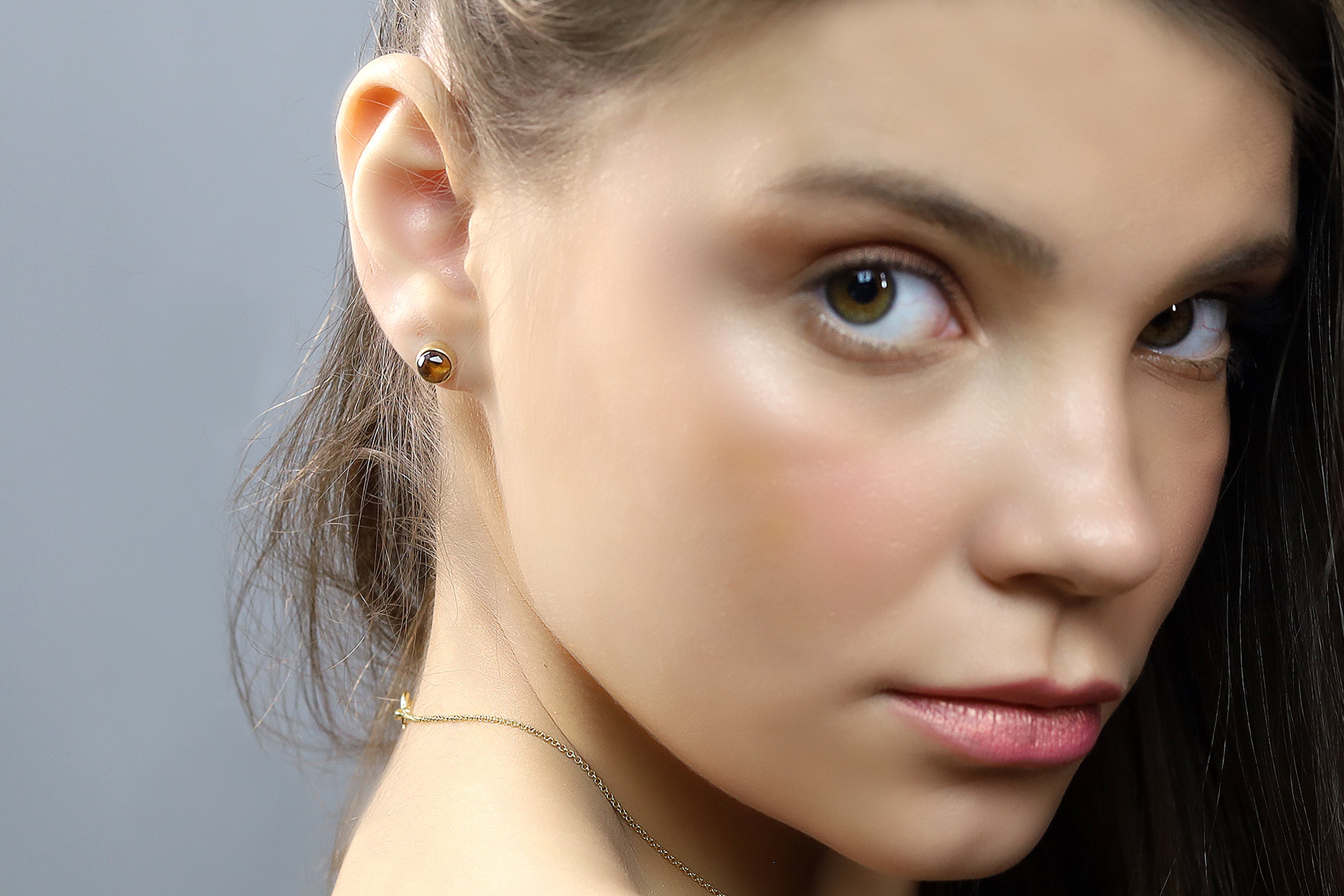 14k Solid Gold Bezel Set Tiger Eye Stud Earrings Earrings Anemone Limited