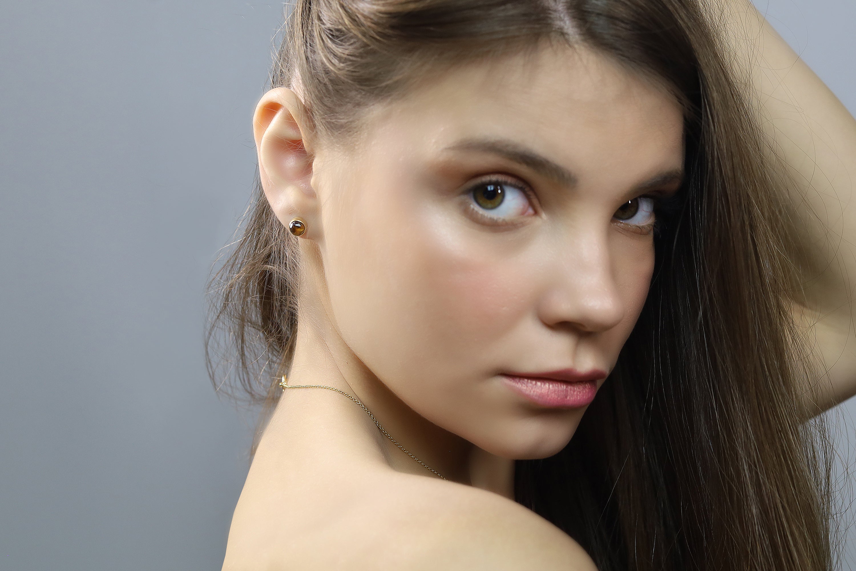 14k Solid Gold Bezel Set Tiger Eye Stud Earrings Earrings Anemone Limited