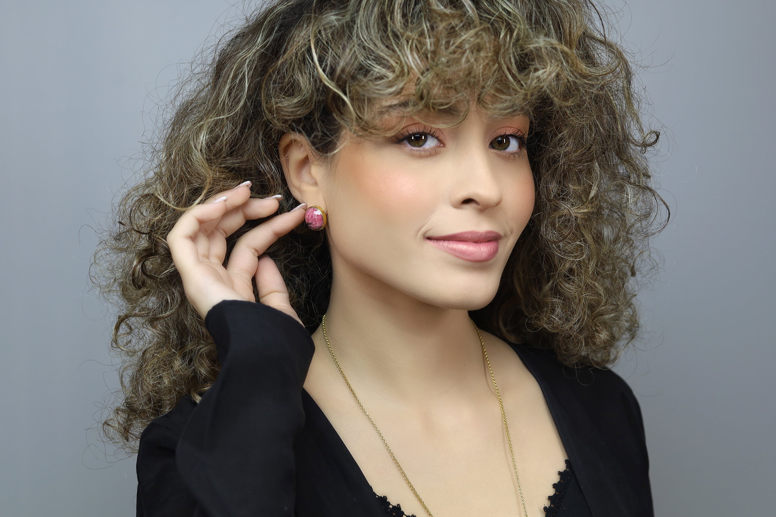 18k Gold Pink Rhodonite Bezel Set Stud Earrings Earrings Anemone Limited