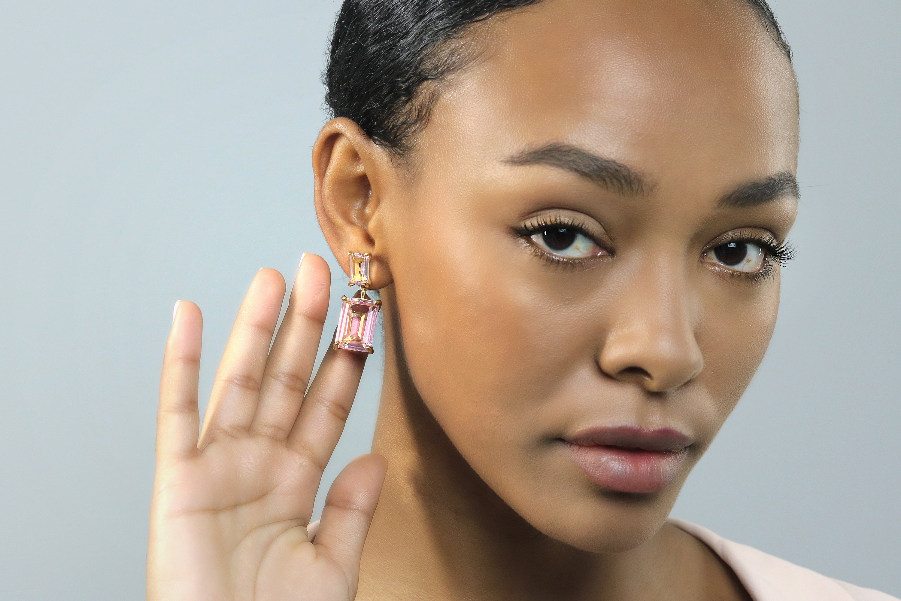 Double Rose Quartz Earrings in Gold Earrings Anemone Jewelry