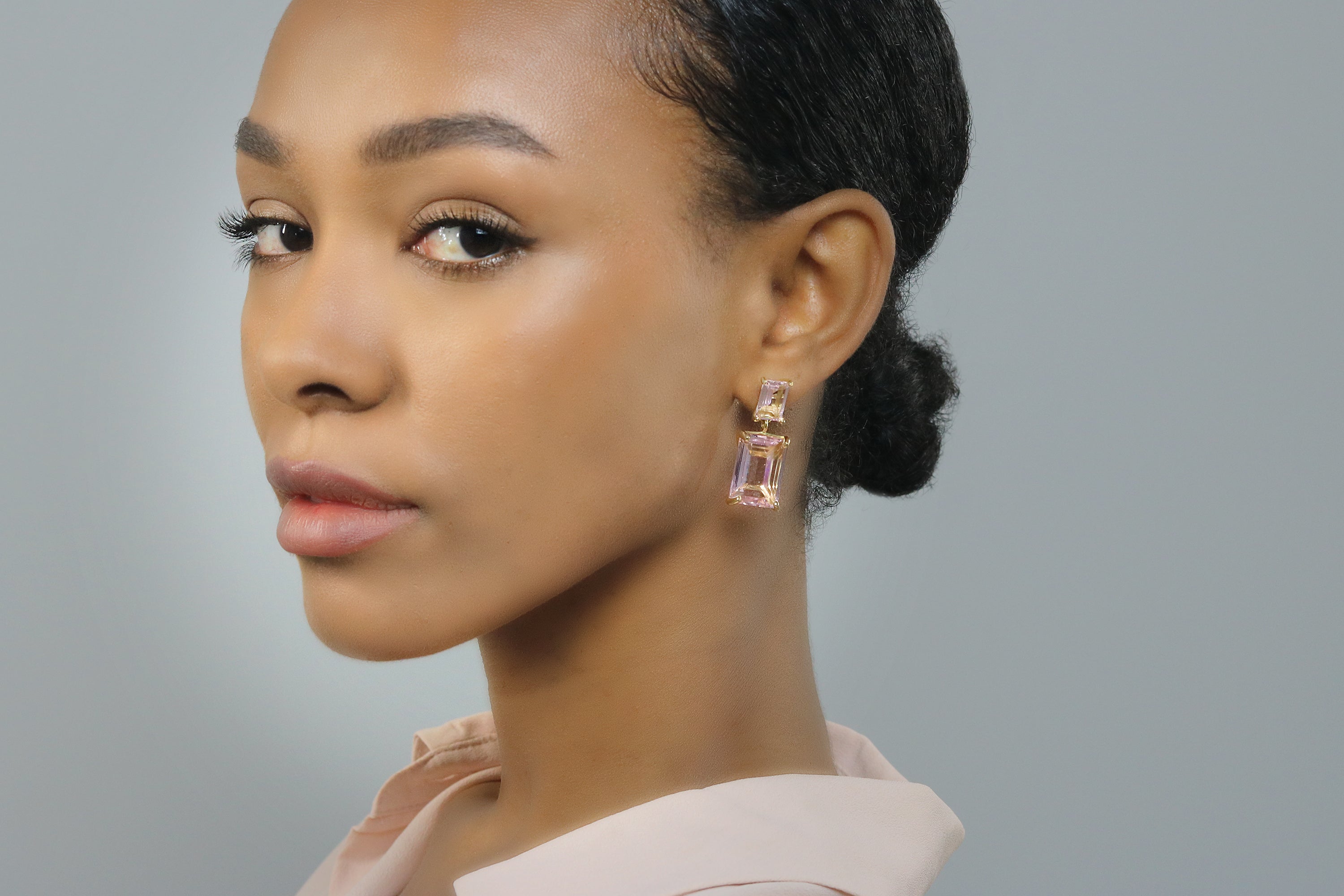 Double Rose Quartz Earrings in Gold Earrings Anemone Jewelry