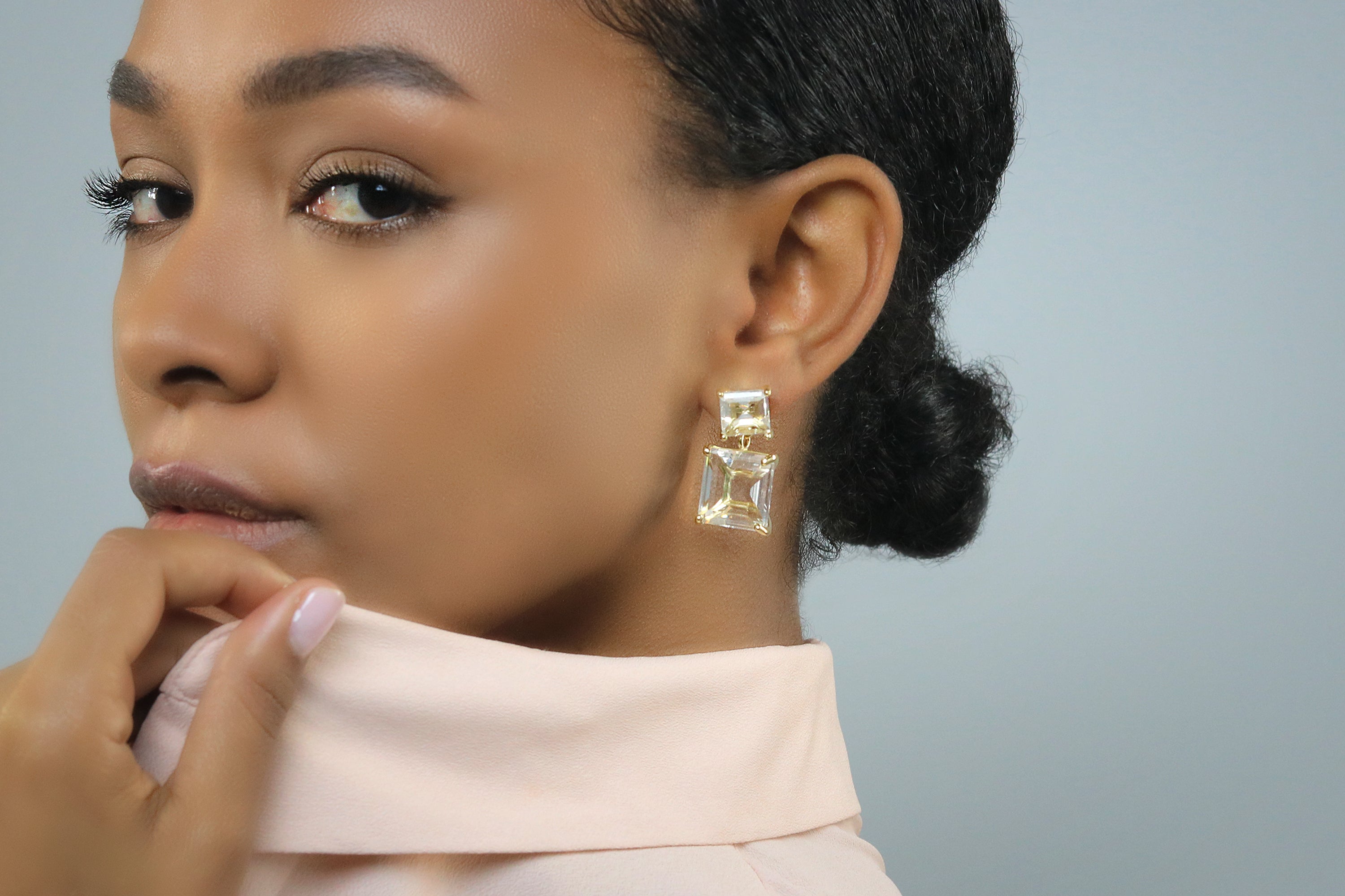 Two-Stone Quartz Crystal Earrings in Gold Earrings Anemone Jewelry