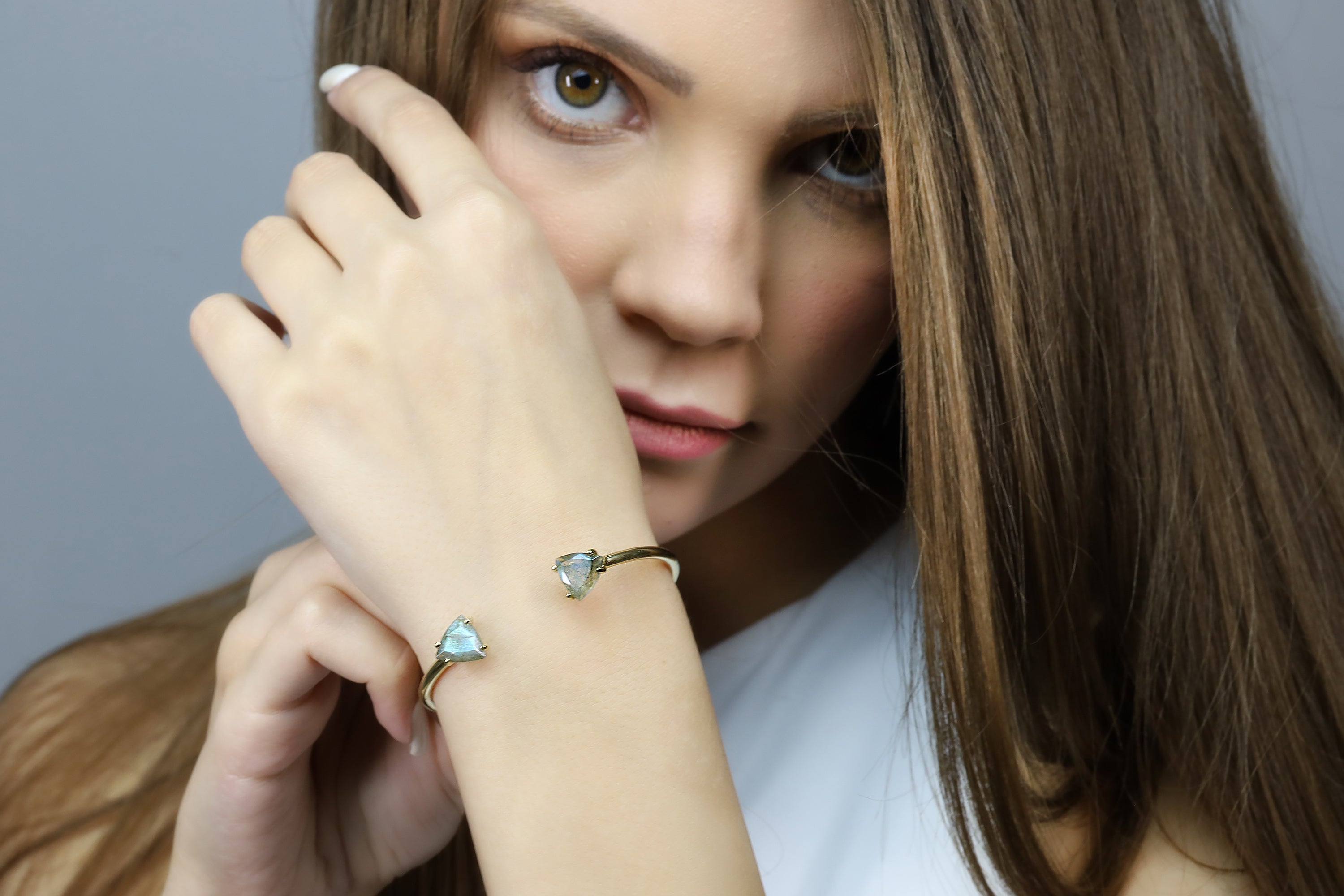 Gold Bracelet with Two Labradorite Trillion Cut Gemstones Bracelets Anemone Unique