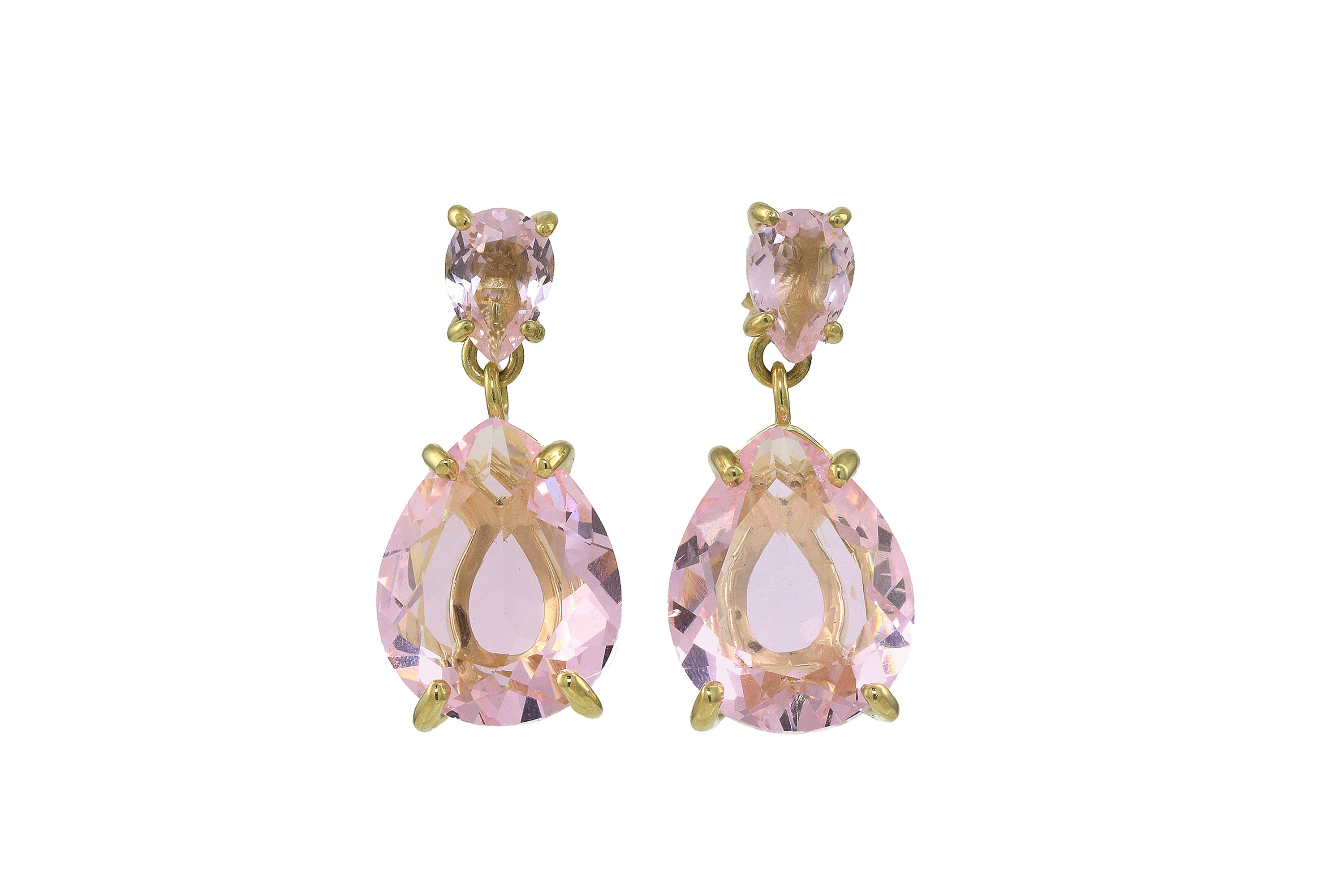 Double Gem Pear Rose Quartz Drop Earrings in Gold Earrings Anemone Jewelry