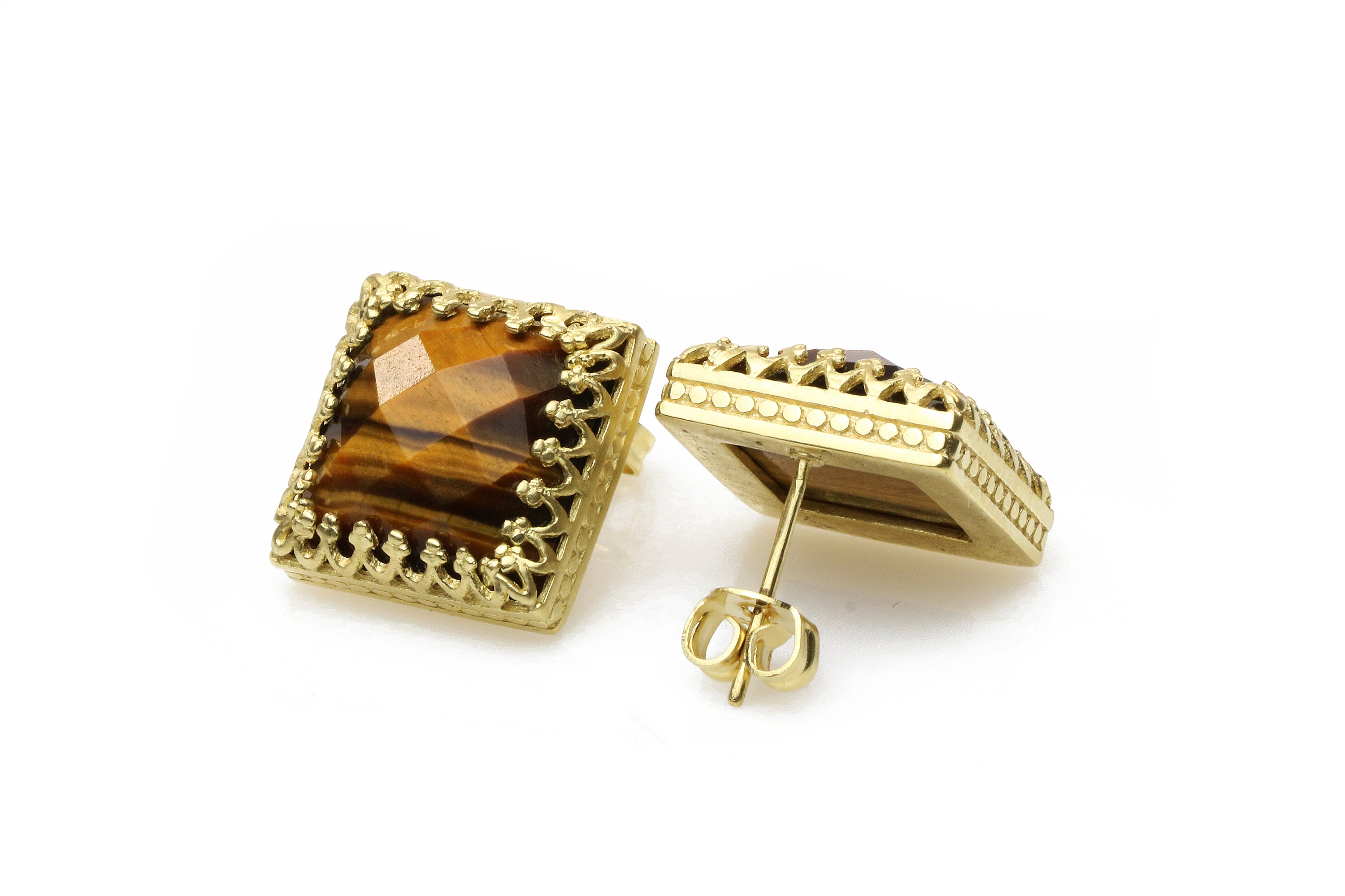 Square Tiger Eye Gemstone Stud Earrings Earrings Anemone Jewelry