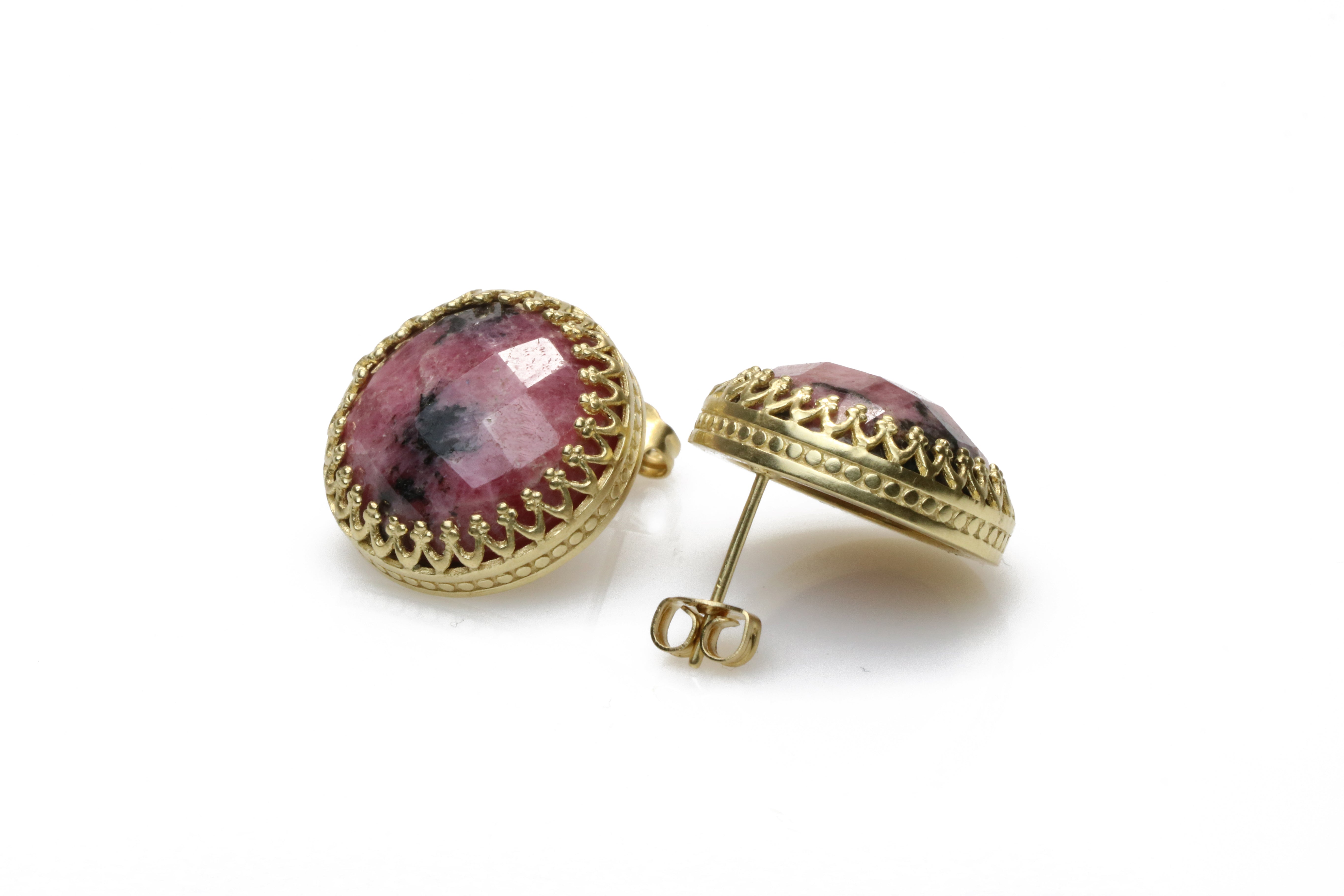 Large Round Rhodonite Stud Earrings Earrings Anemone Jewelry