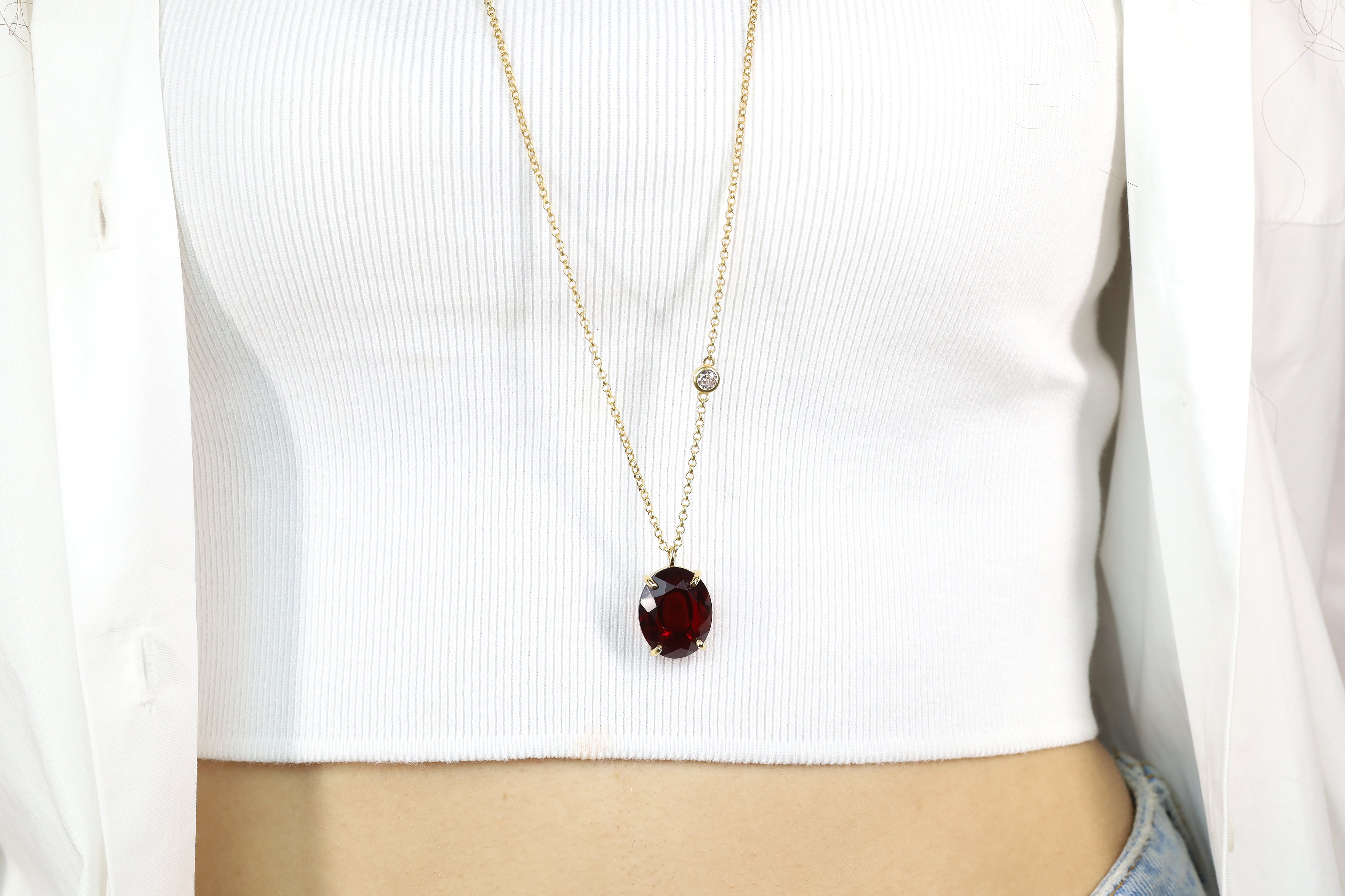 Gold Oval Garnet Gemstone with Cubic Zirconia Accent Gold Necklace necklaces Anemone Jewelry